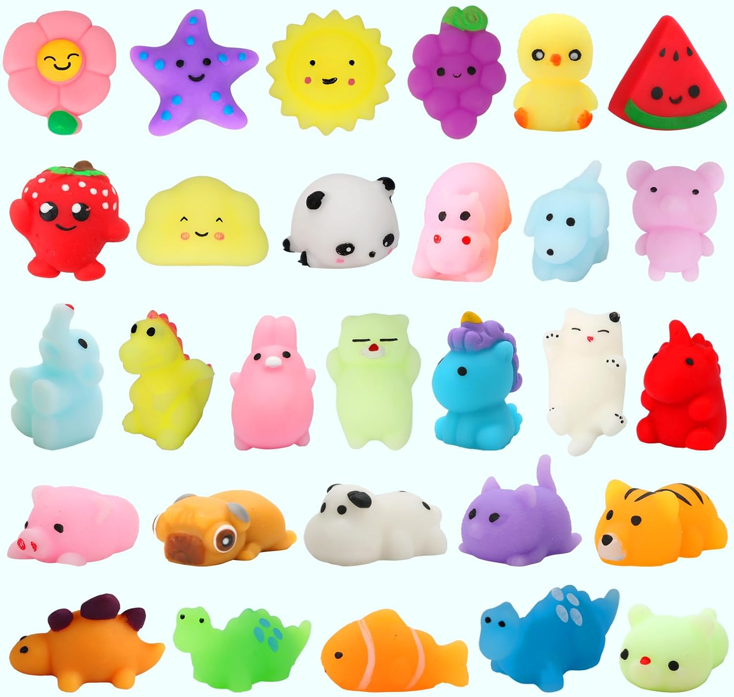 Set of 30 colorful Mantyplay kawaii squishy toys, soft and squeezable party favors for kids ages 4 to 12.