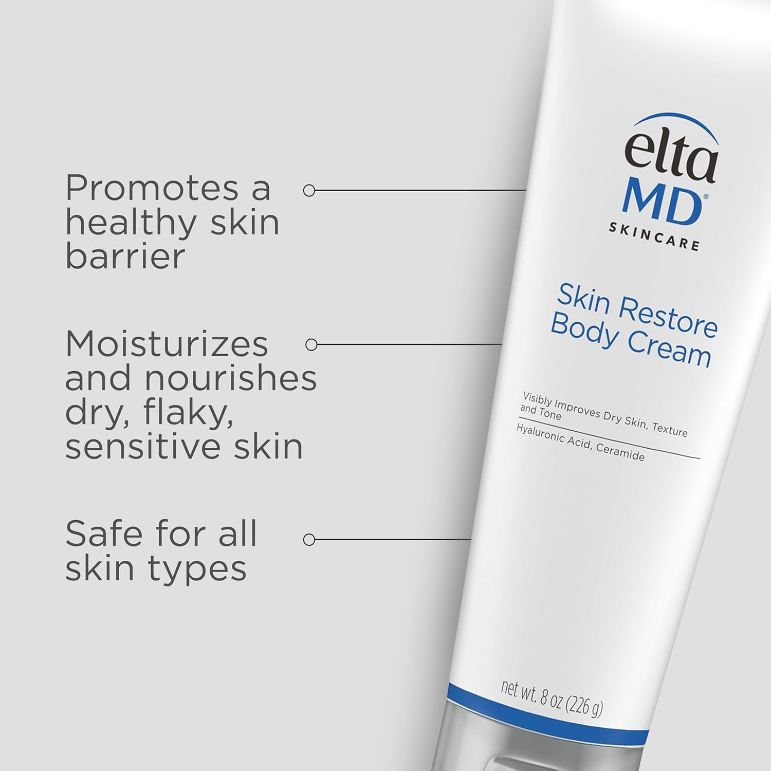 Elefair EltaMD Skin Restore Body Cream, fragrance-free lotion for women with hyaluronic acid, creamy texture on white background