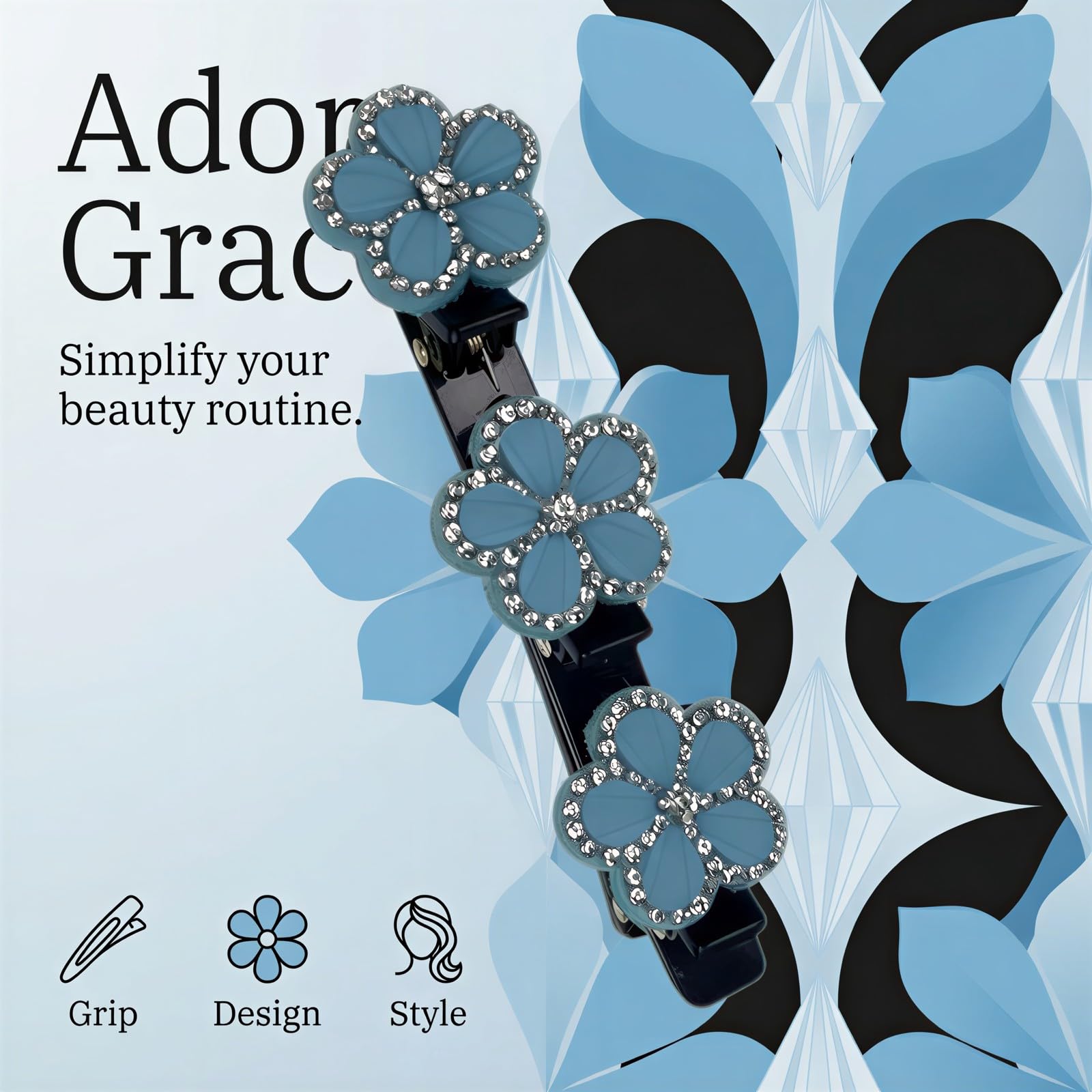 Three braided hair clips with crystal flower accents and rhinestones, perfect for side styling in blue and black.