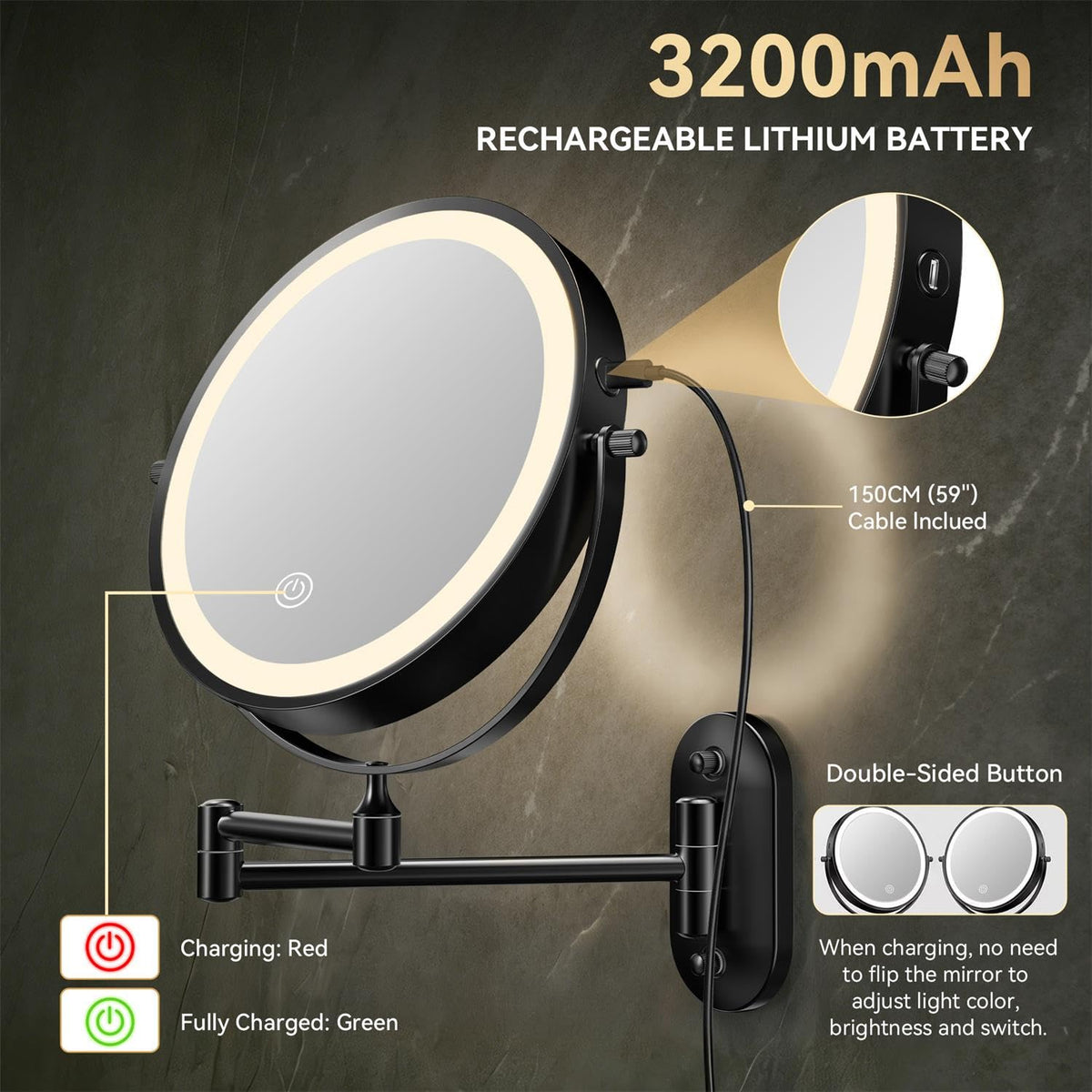 Auxmir 1X 30X Wall Mounted Makeup Mirror 8 Rechargeable - Auxmir Official Imagery - 5