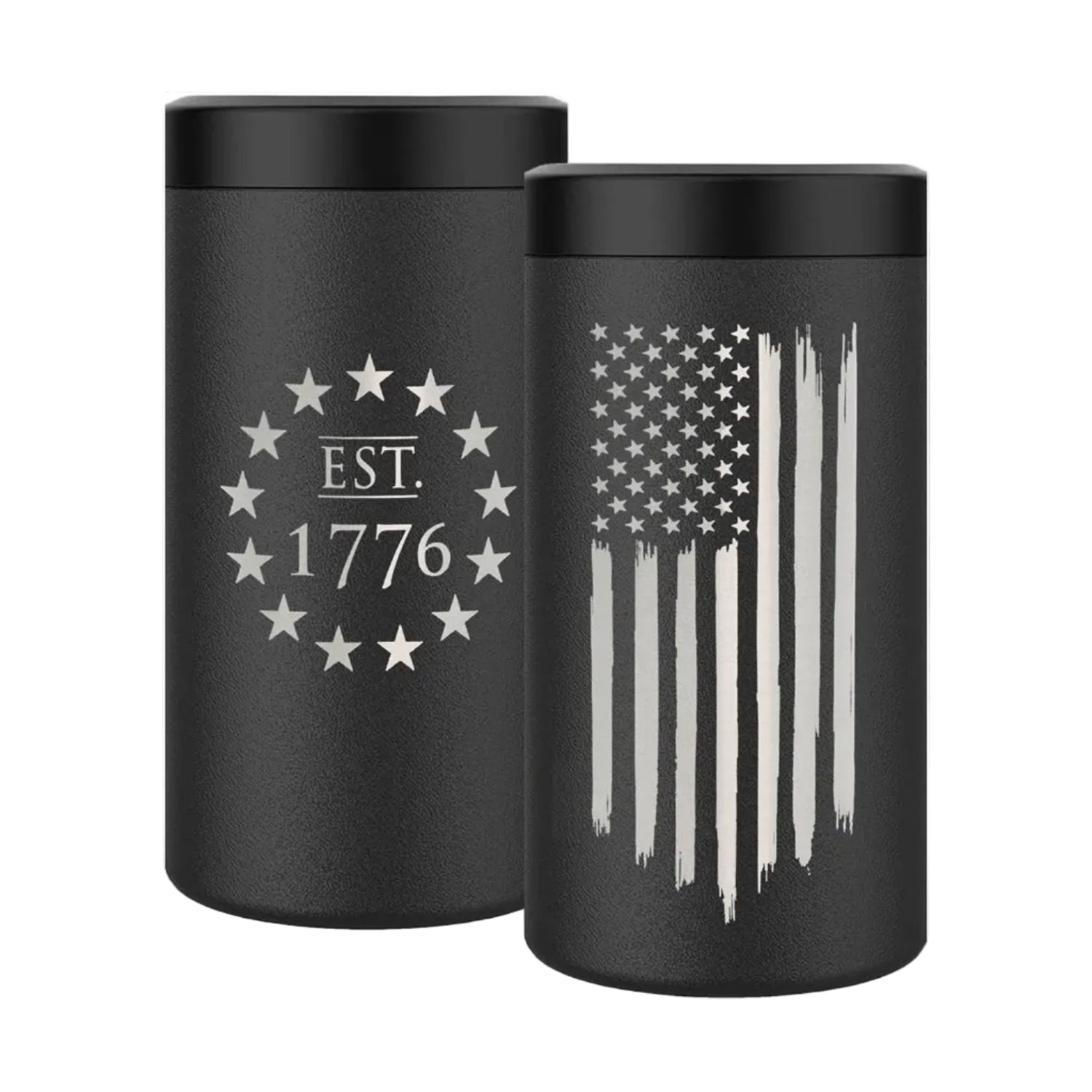 American flag 4-in-1 insulated can cooler by Military Gift Shop, fits most bottles and cans, with patriotic flag design.