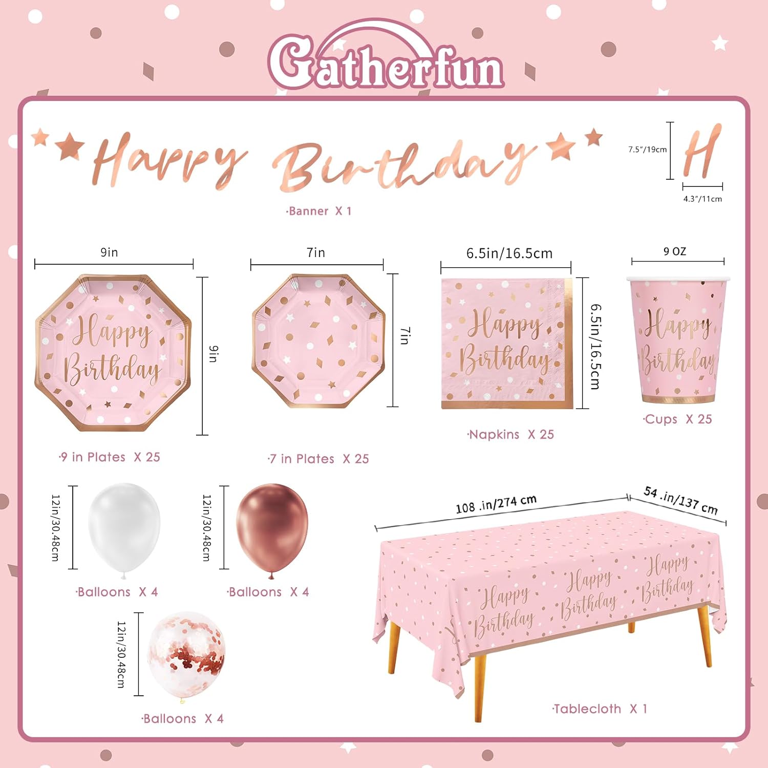 Rose gold birthday party supplies including disposable paper plates, napkins, cups, and tablecloth by Gatherfun.