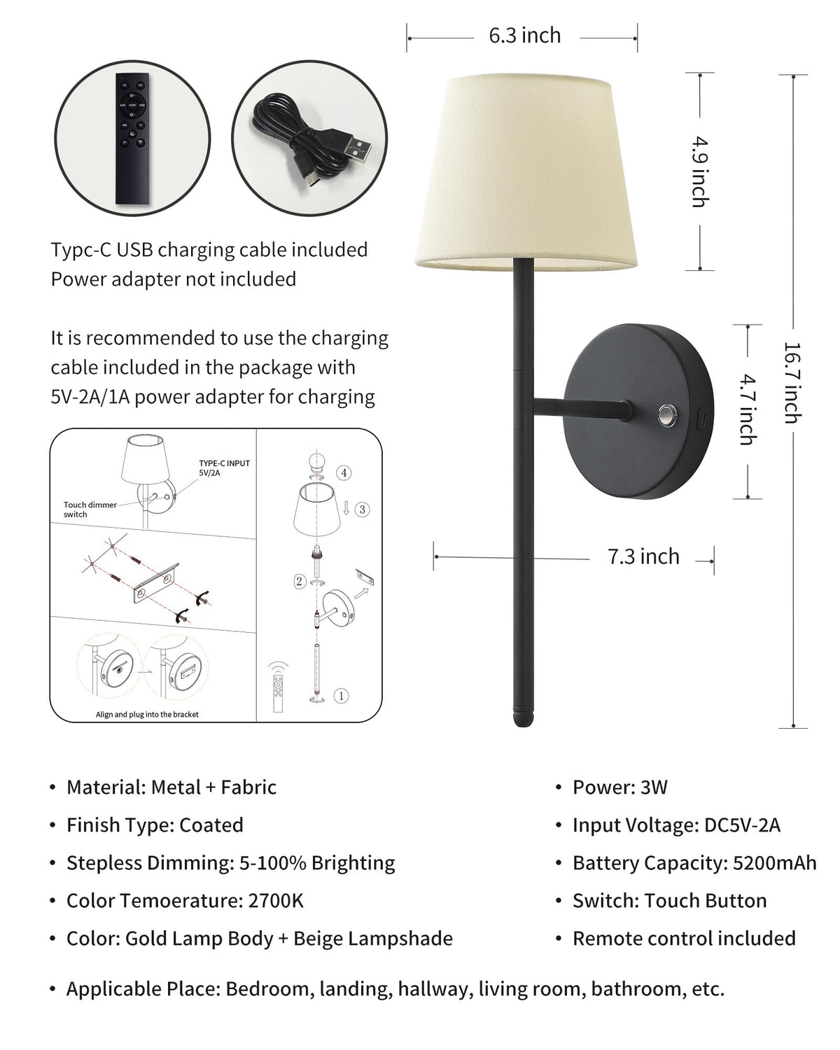 Battery Operated Wall Sconce Set of 2 Black Rechargeable - NEWSEE Official Imagery - 6