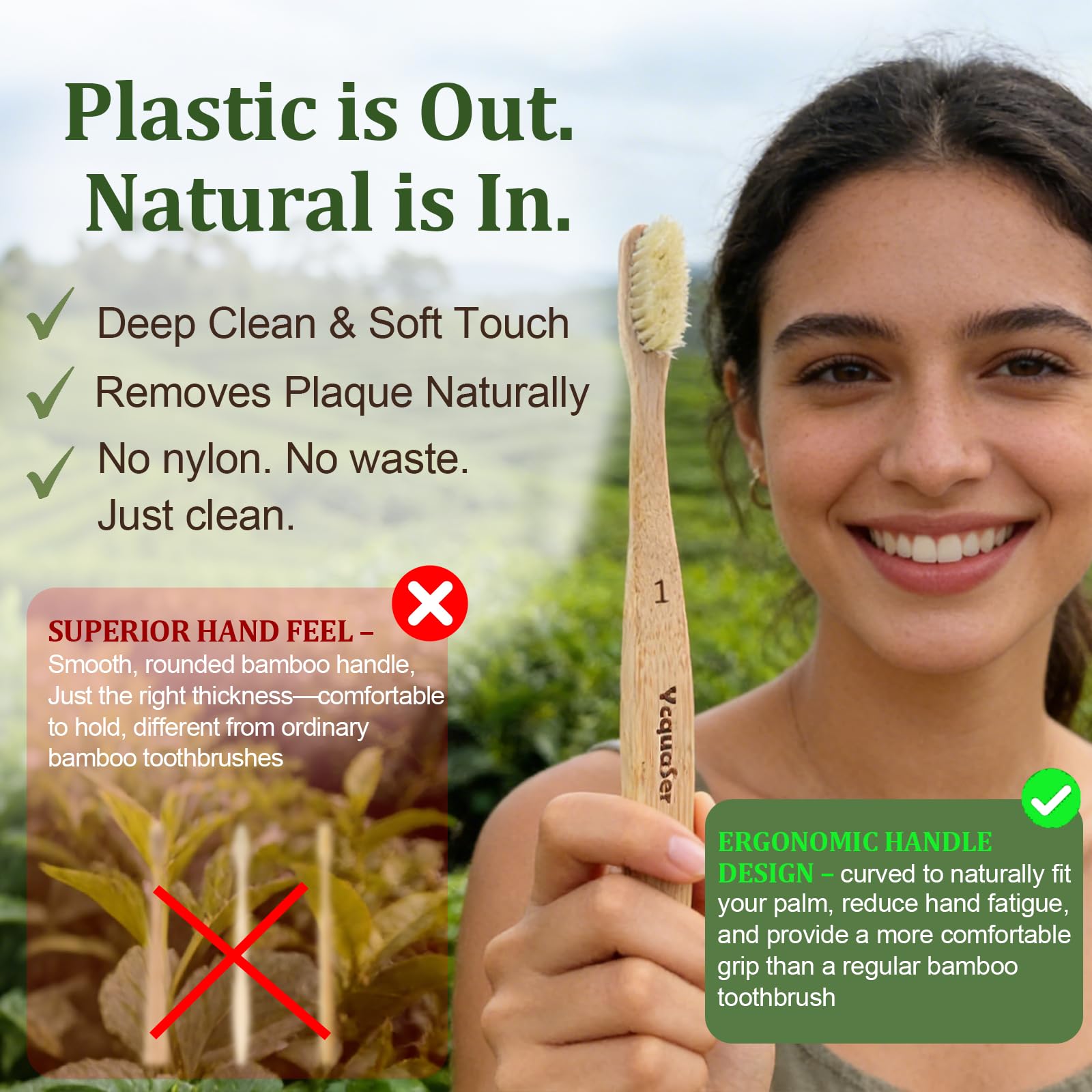 Ycquaser Boar Bristle Bamboo Toothbrush 4-Pack | Eco