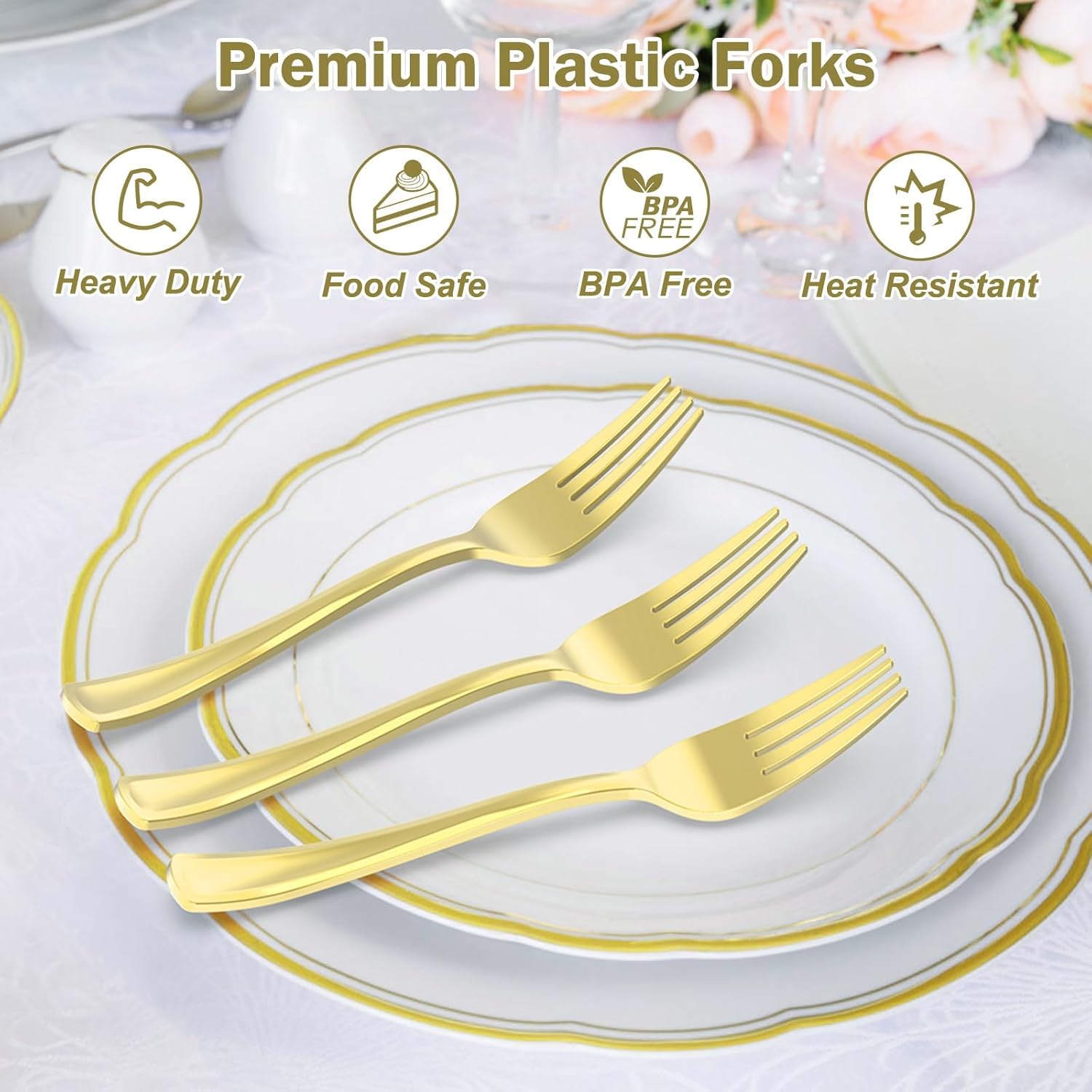 Set of 100 heavy-duty gold plastic forks by Dealusy, BPA-free disposable utensils for parties and events.