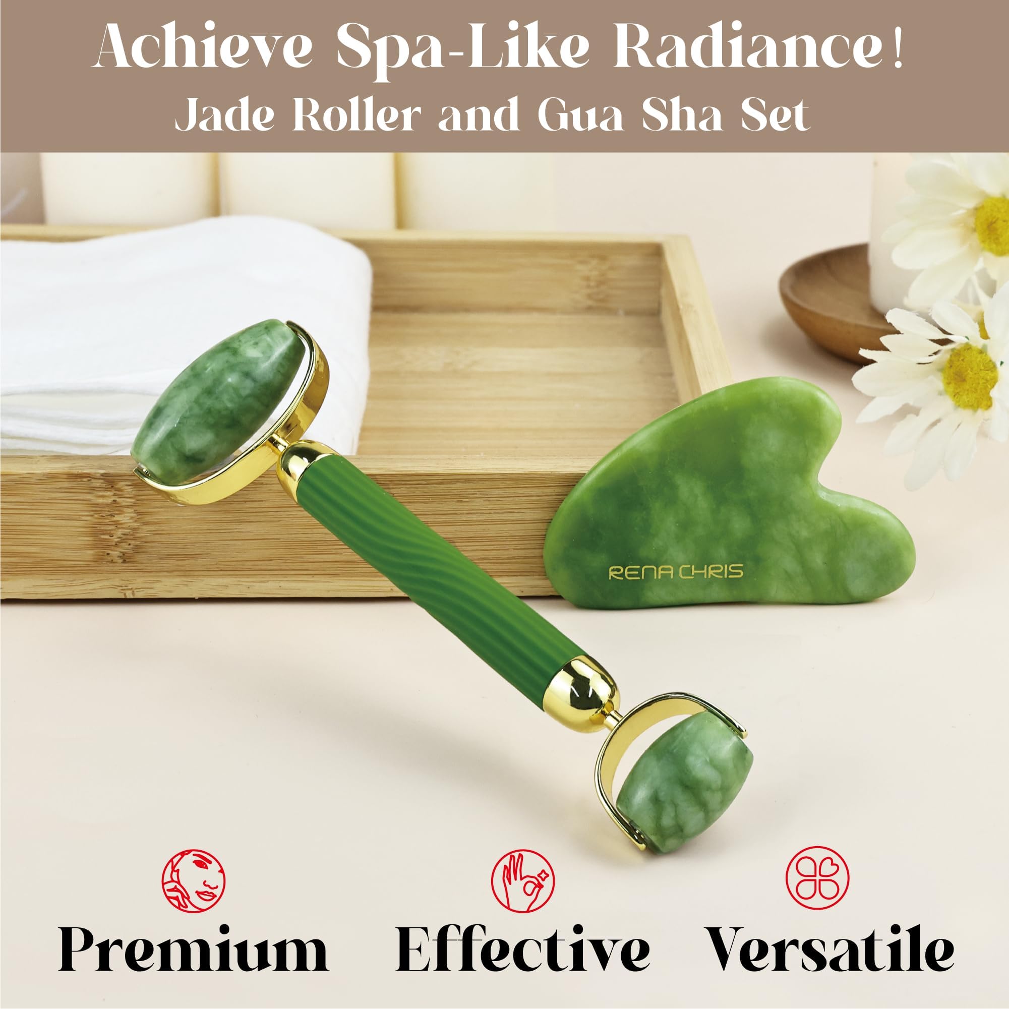 Rena Chris Gua Sha and Face Roller Set Anti Breakage Jade - Rena Chris Official Product Imagery - 3