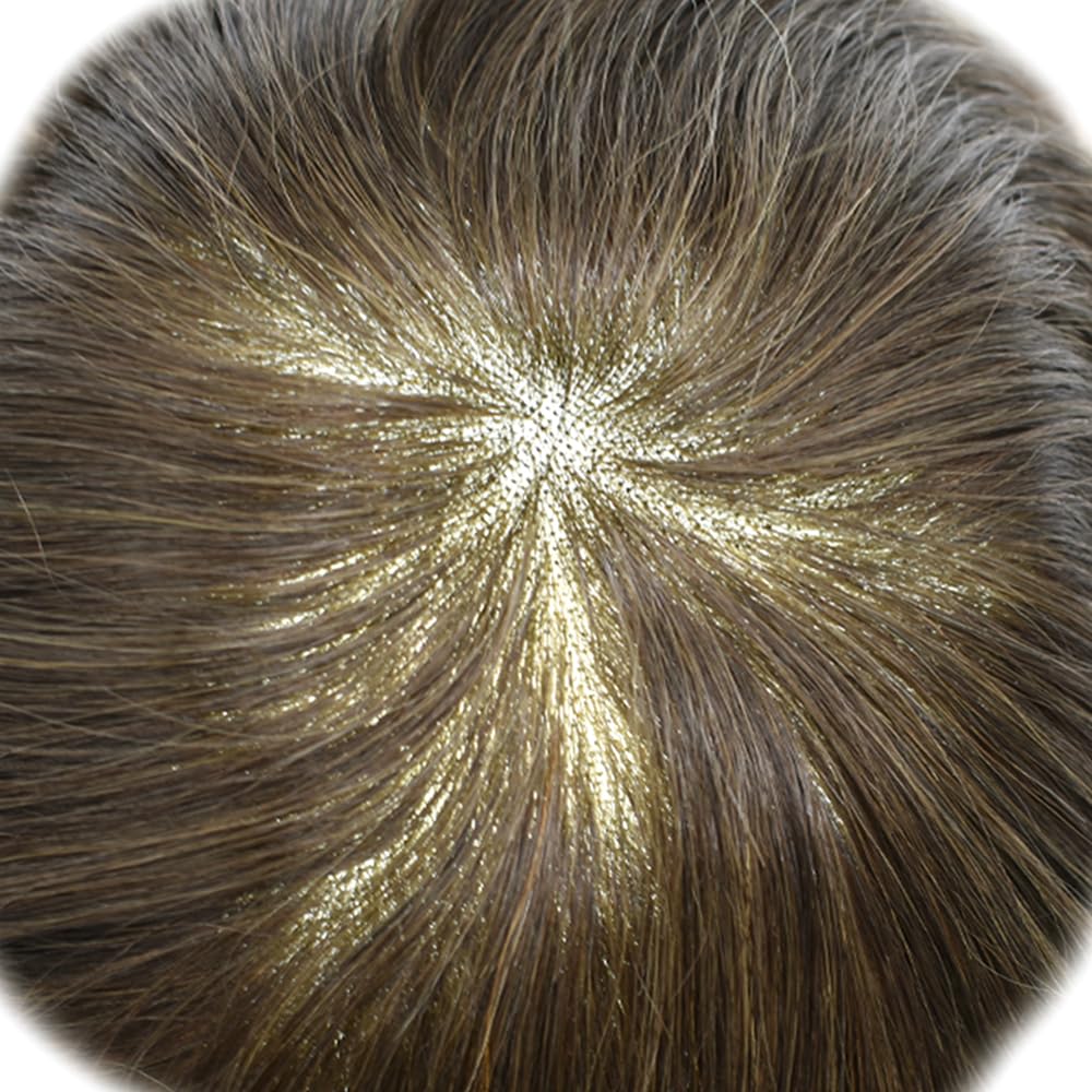 Curve Hair Mens Toupee Human Hair Piece Replacement System Monofilament Wig Hair Unit for Men Durable Poly Coated Mens Hairpiece (#6 Light Brown, 6"X8")