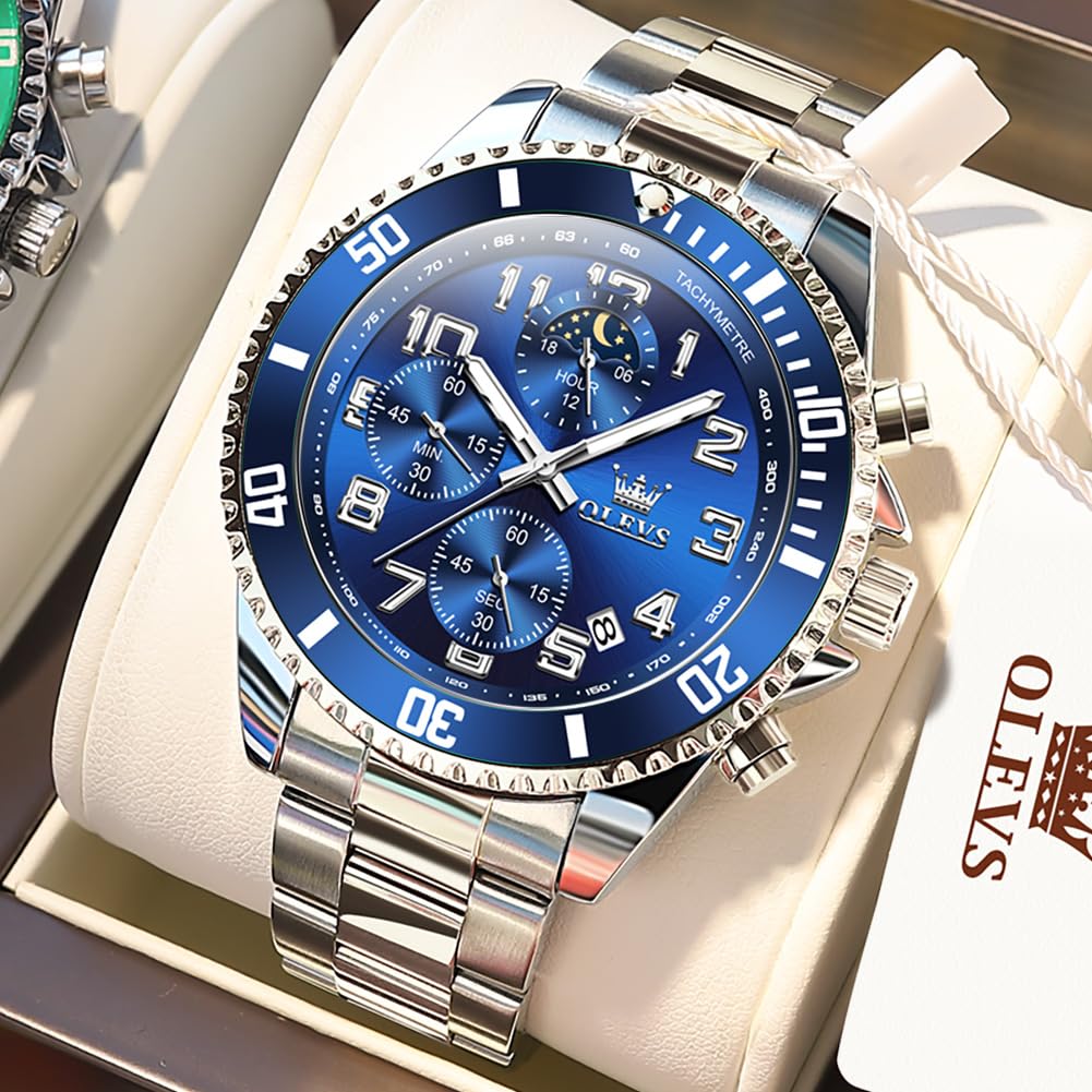 OLEVS Men's Silver & Blue Chronograph Dress Watch 43mm Quartz