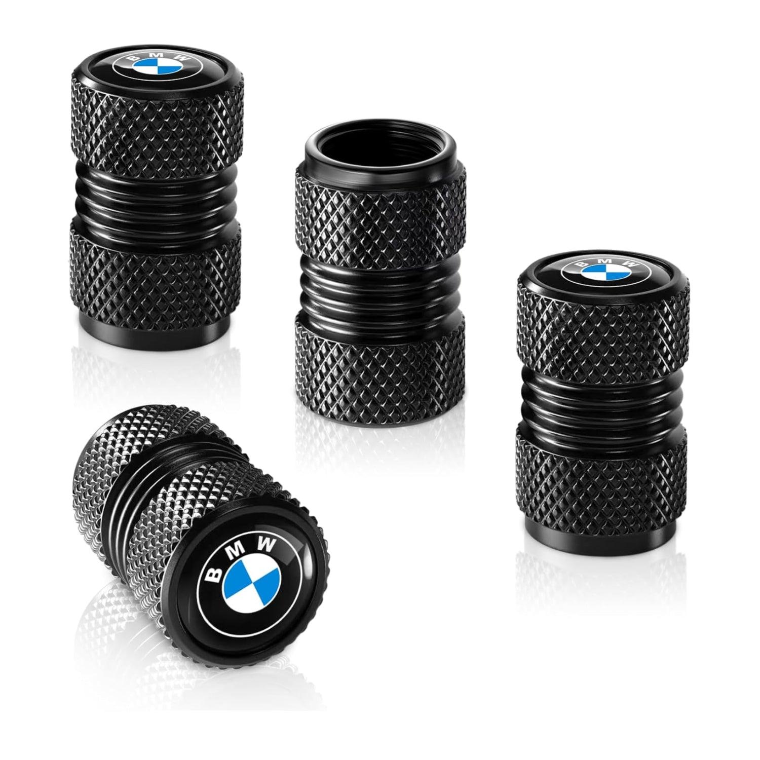 Black BMW tire valve stem cap cover with O-ring seal, corrosion-resistant, set of four, car accessory by Xpress Sports