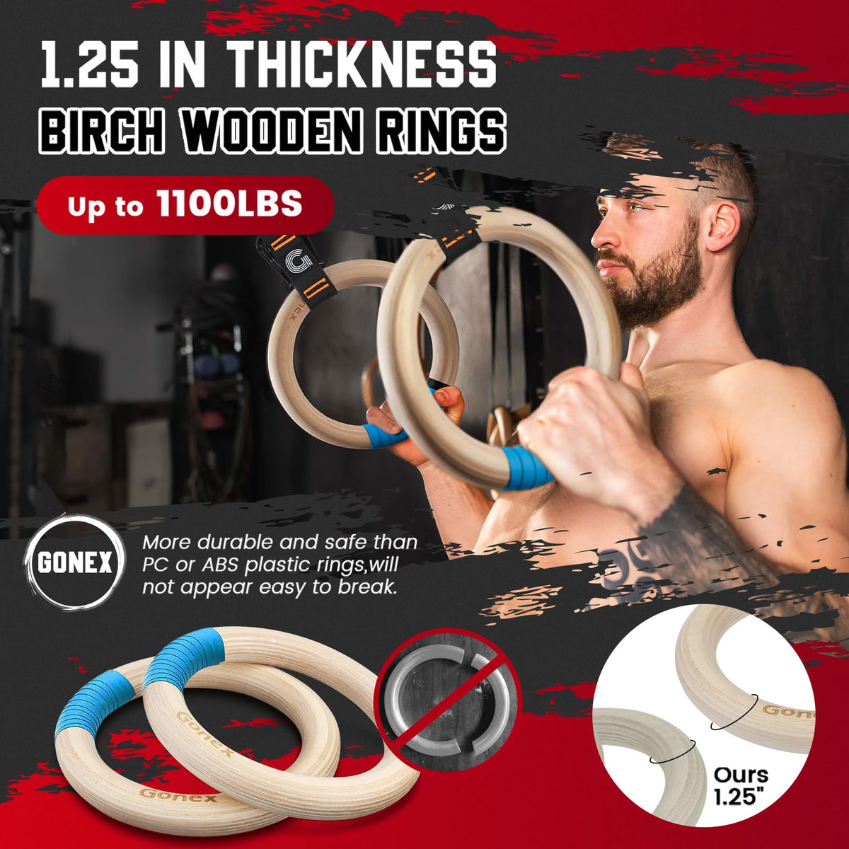Gonex Wooden Gymnastic Rings with Adjustable Straps Olympic - Gonex Official Imagery - 5