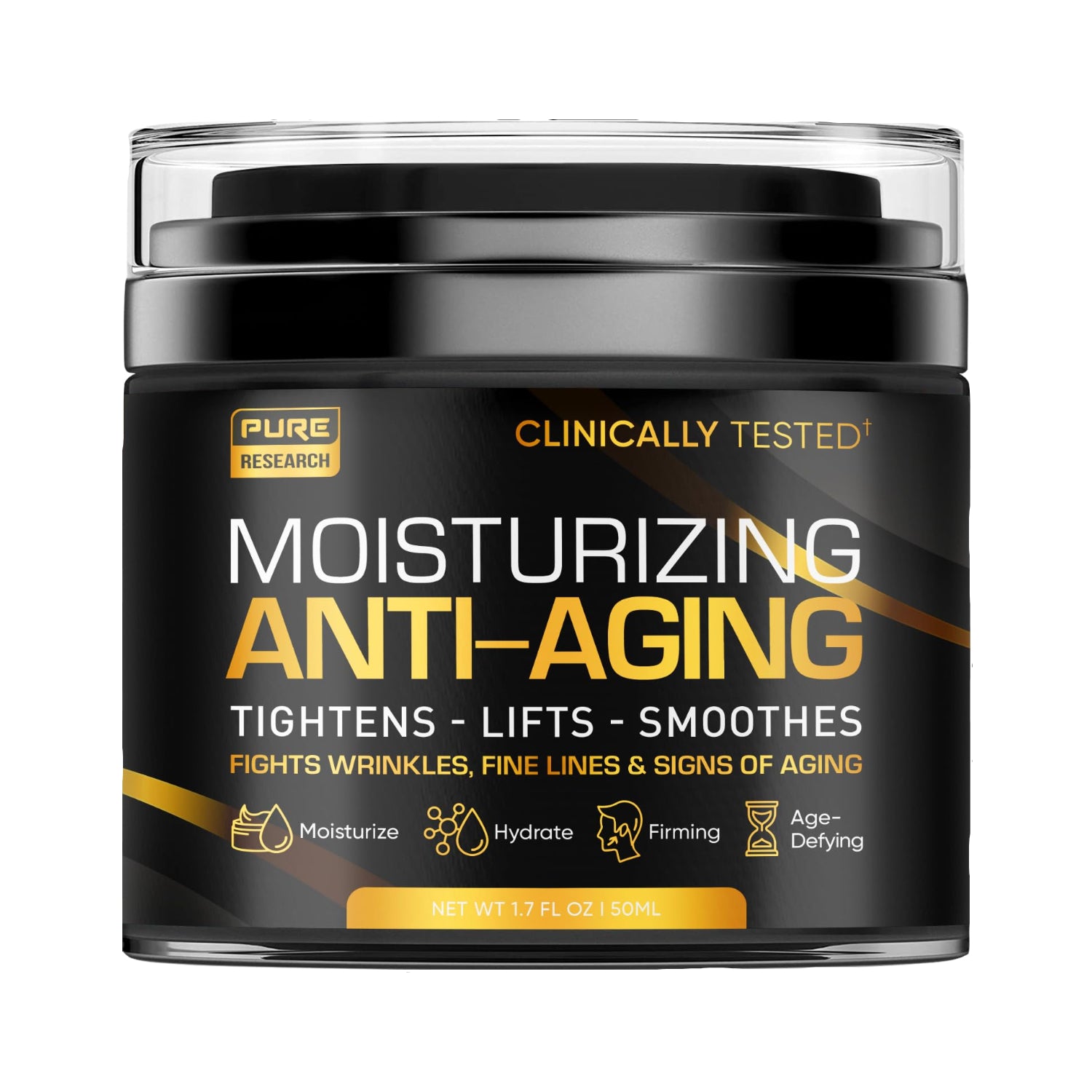 Men's face cream moisturizer by PURE RESEARCH featuring anti-aging collagen formula in a sleek jar.