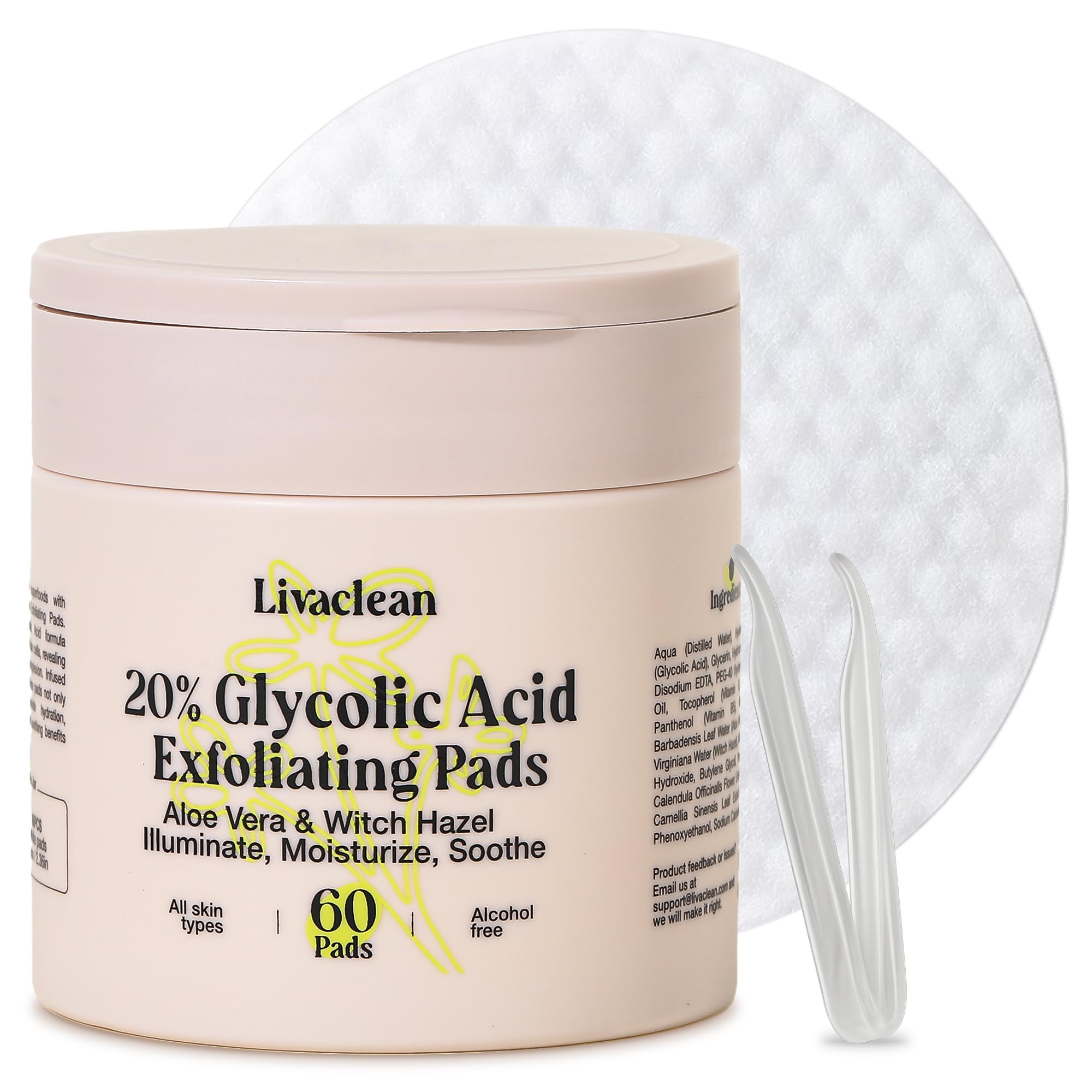 LivaClean 60 CT 20% Glycolic Acid Peel Pads with Aloe Vera – - Product Imagery