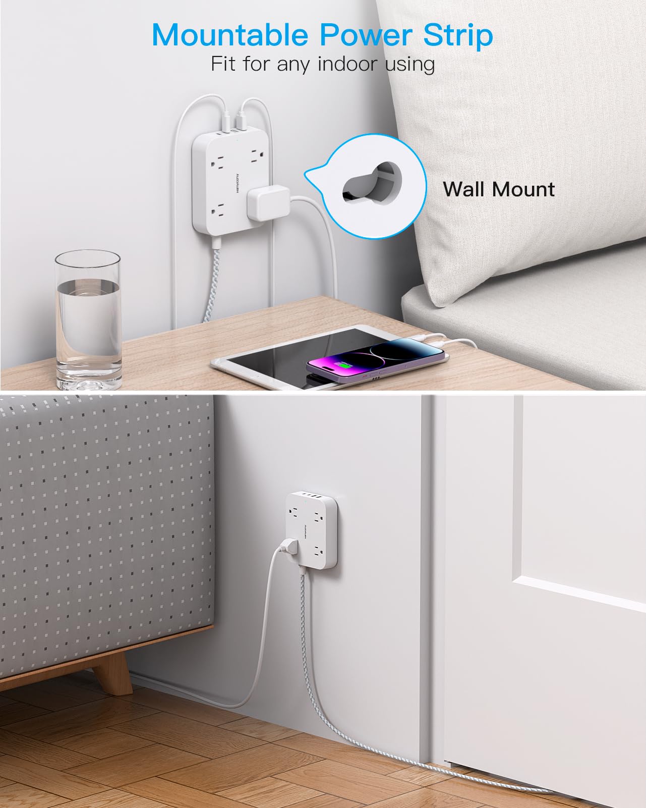 HANYCONY Flat Plug Extension Cord, 4 Widely Power Strip with 4 USB Ports - HANYCONY Official Product View 5