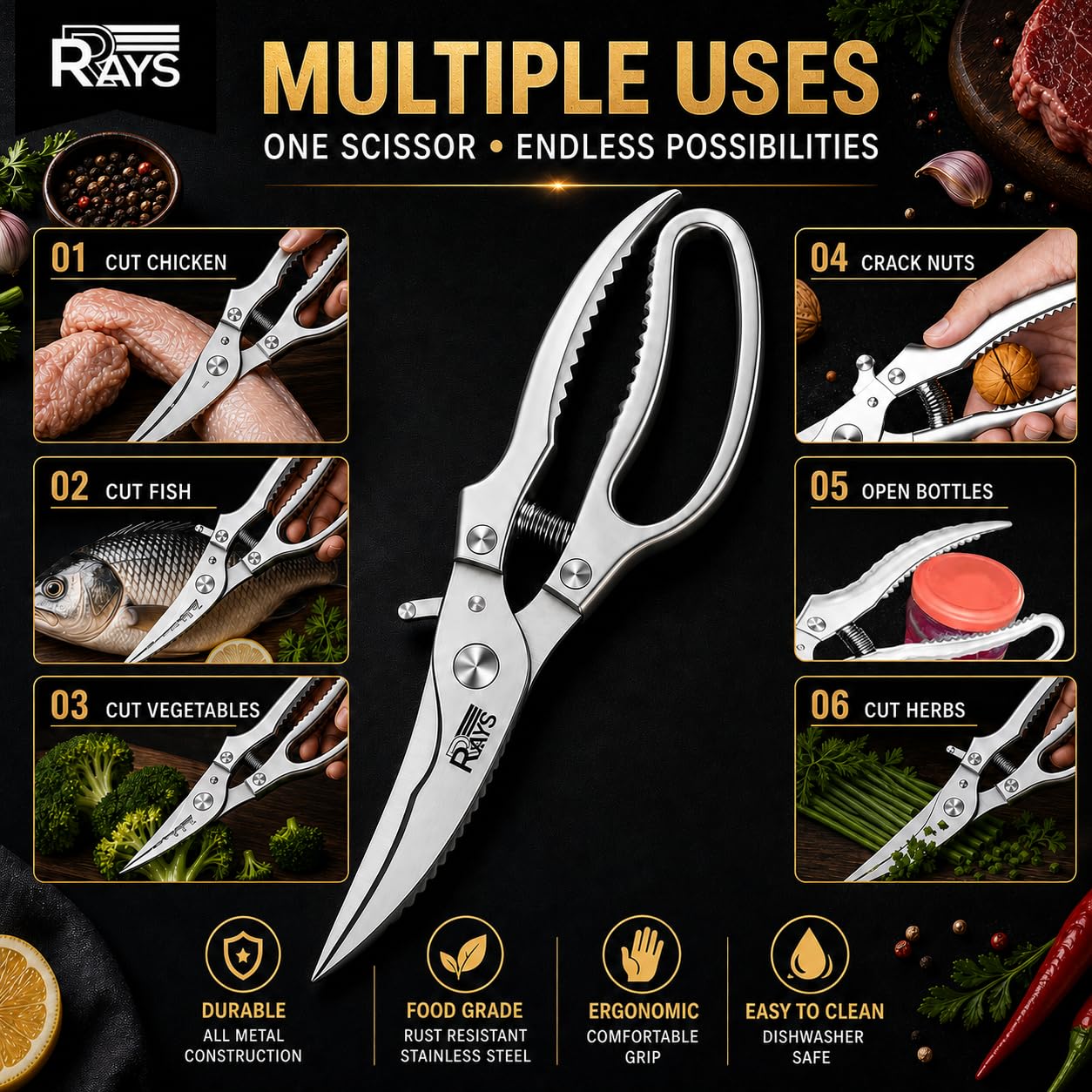 RRAYS Heavy Duty Poultry Shears, Spring Loaded Kitchen Scissors for Ch - View 3