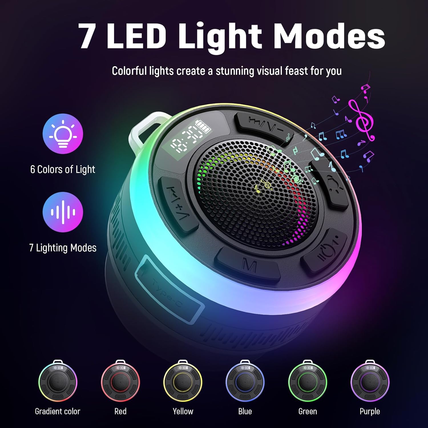 PRSCFUM IPX7 waterproof shower Bluetooth speaker in small portable design with control buttons and built-in speaker grille.