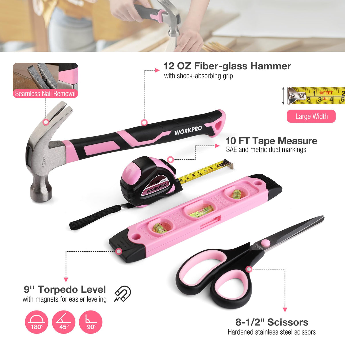 WORKPRO 258PCS Pink Tool Set Portable Home Basic Tool Kit - WORKPRO Official Imagery - 4