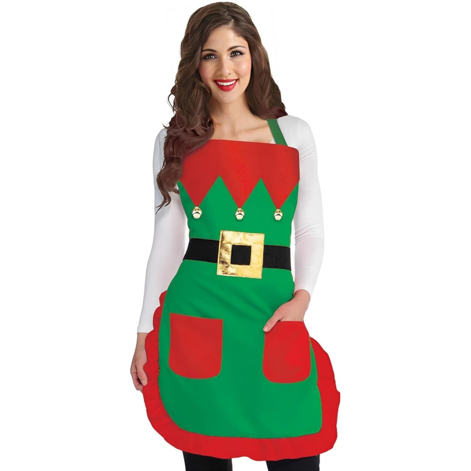 Red and green elf apron for teens and adults by Amscan, made from premium fabric, featuring festive holiday design.