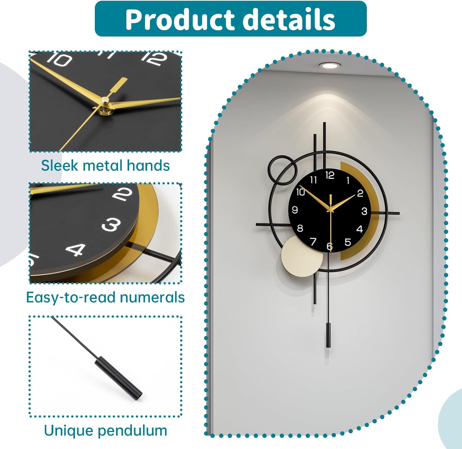 YIJIDECOR decorative wall clock with pendulum, silent quartz movement, suitable for living room decor, round face with black numbers