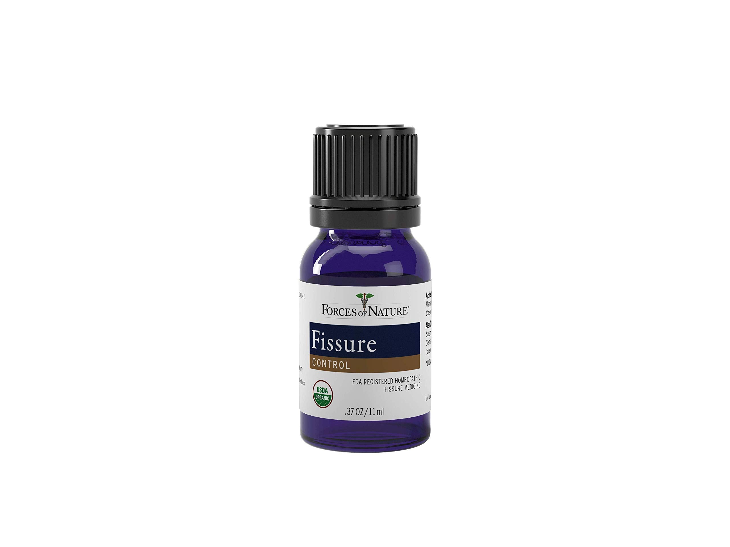 Forces of Nature Fissure Control organic homeopathic skin care agent in 0.37 fl oz bottle for anal fissure relief.