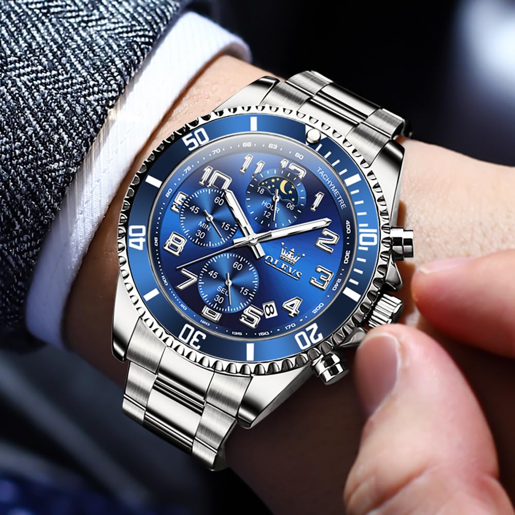 OLEVS Men's Silver & Blue Chronograph Dress Watch 43mm Quartz