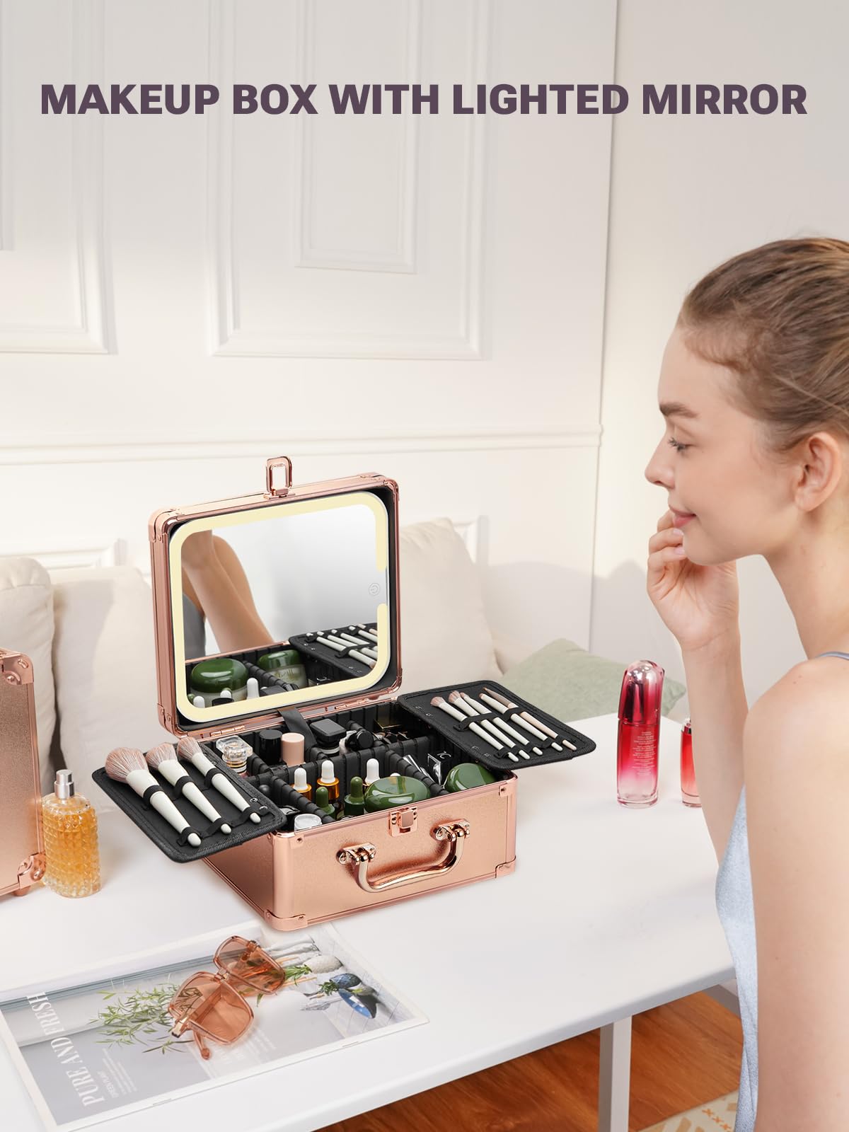 Makeup Box with Detachable Magnetic LED Mirror Travel Train - Qislee Official Imagery - 3