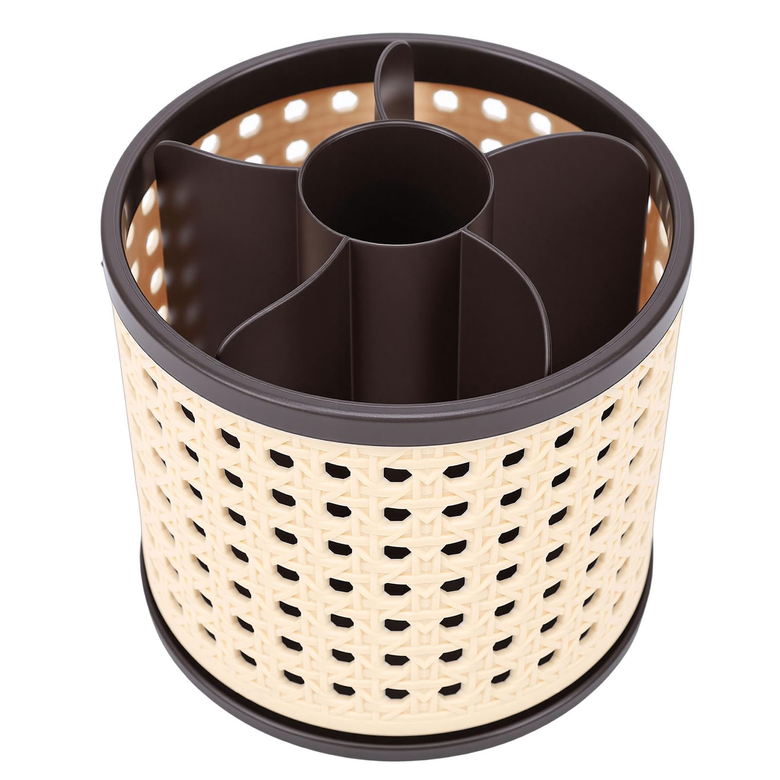 Serounder 360° rotating brown makeup brush holder organizer caddy with multiple compartments for cosmetics and accessories.