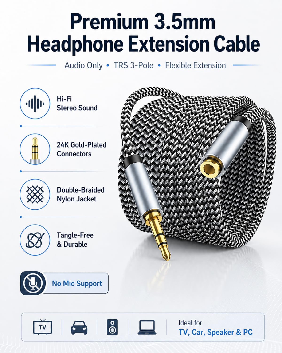 MORELECS 3.5mm Headphone Extension Cable 30ft, Nylon Braided Aux by MORELECS - Angle View 5