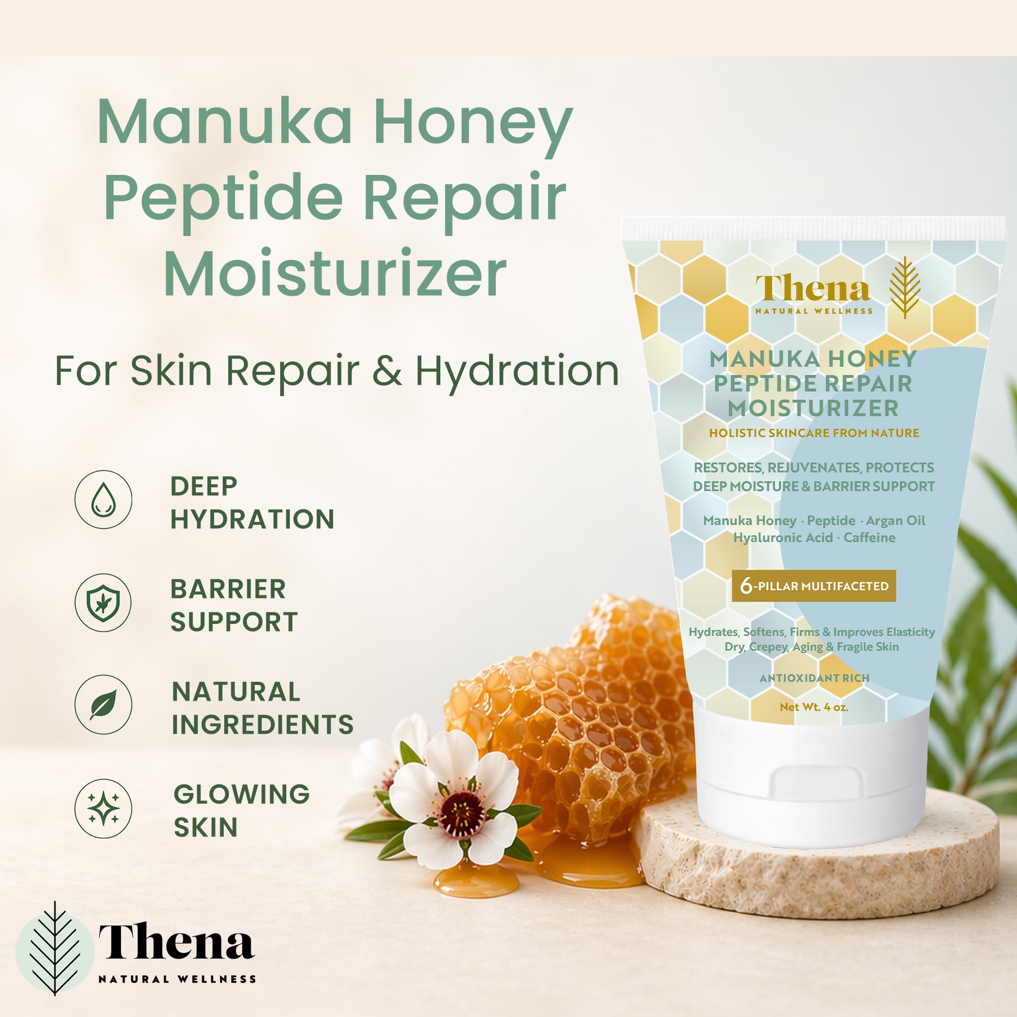 Organic Manuka Honey Peptide Moisturizer for Firming Aging - THENA Natural Wellness Official Imagery - 3