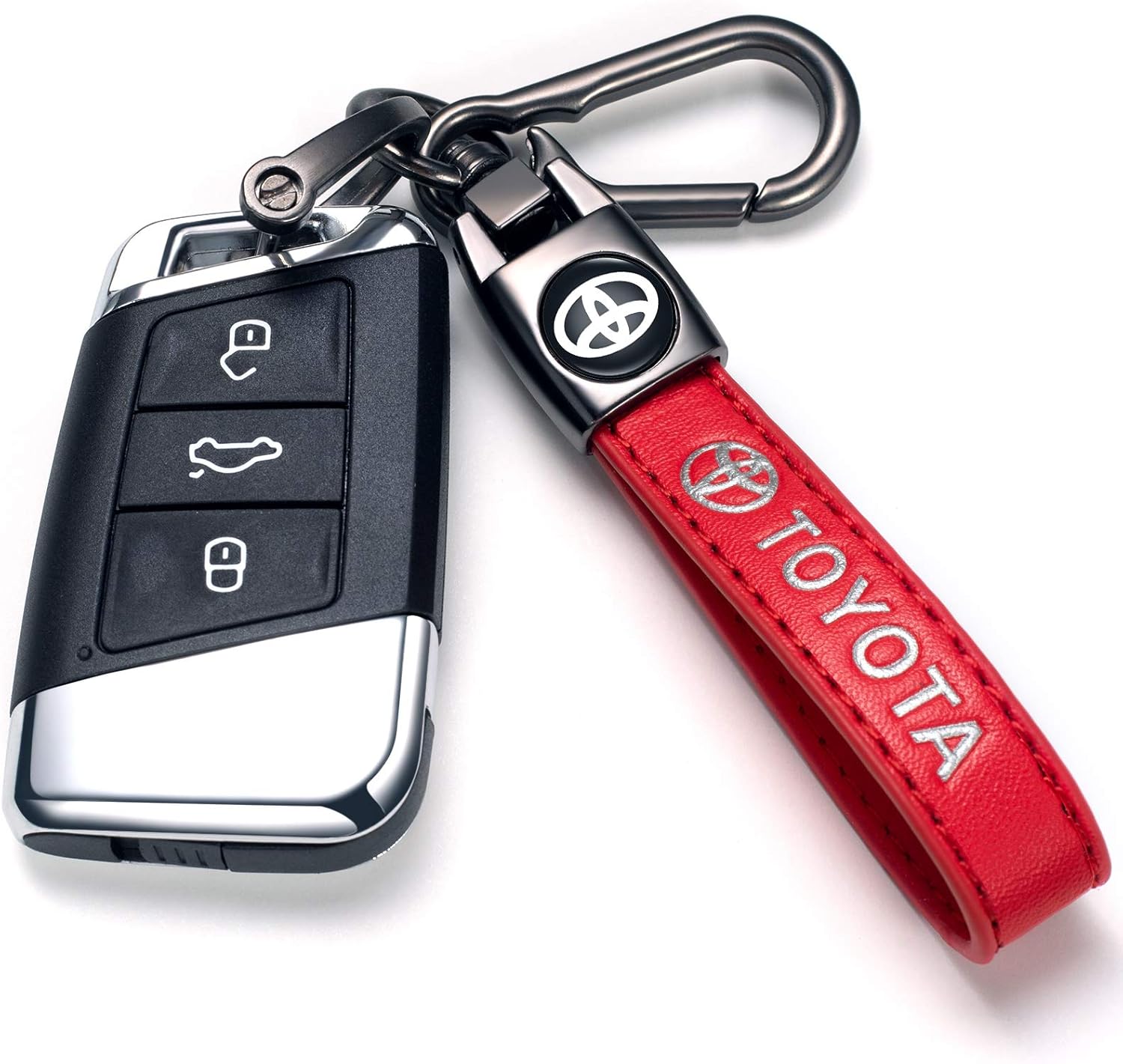 Black TACOMA genuine leather car keychain with metal key ring, stylish accessory for men and women.
