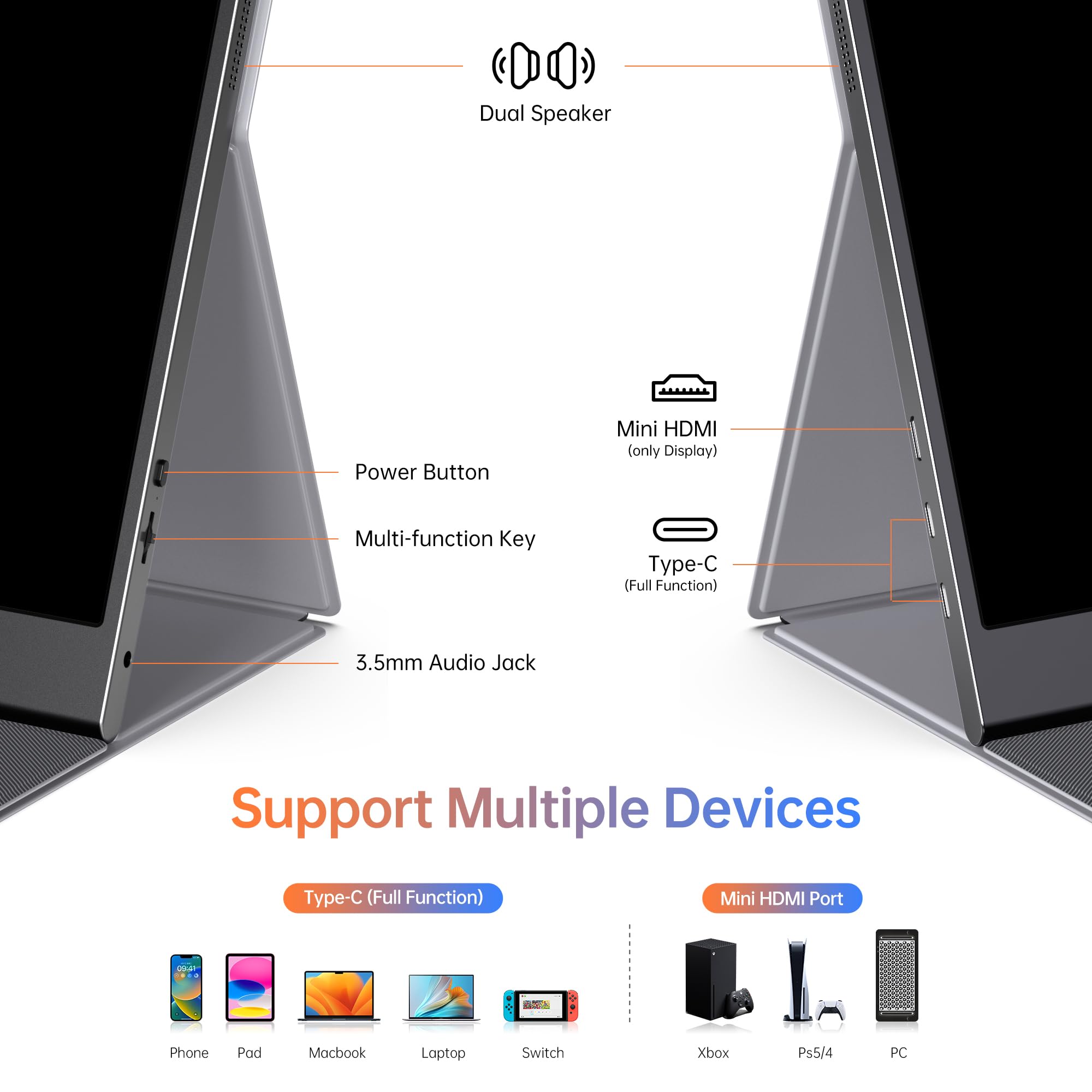 ForHelp 15.6-inch portable monitor with IPS display, 1080P resolution, USB-C and HDMI ports, slim design, and smart cover.