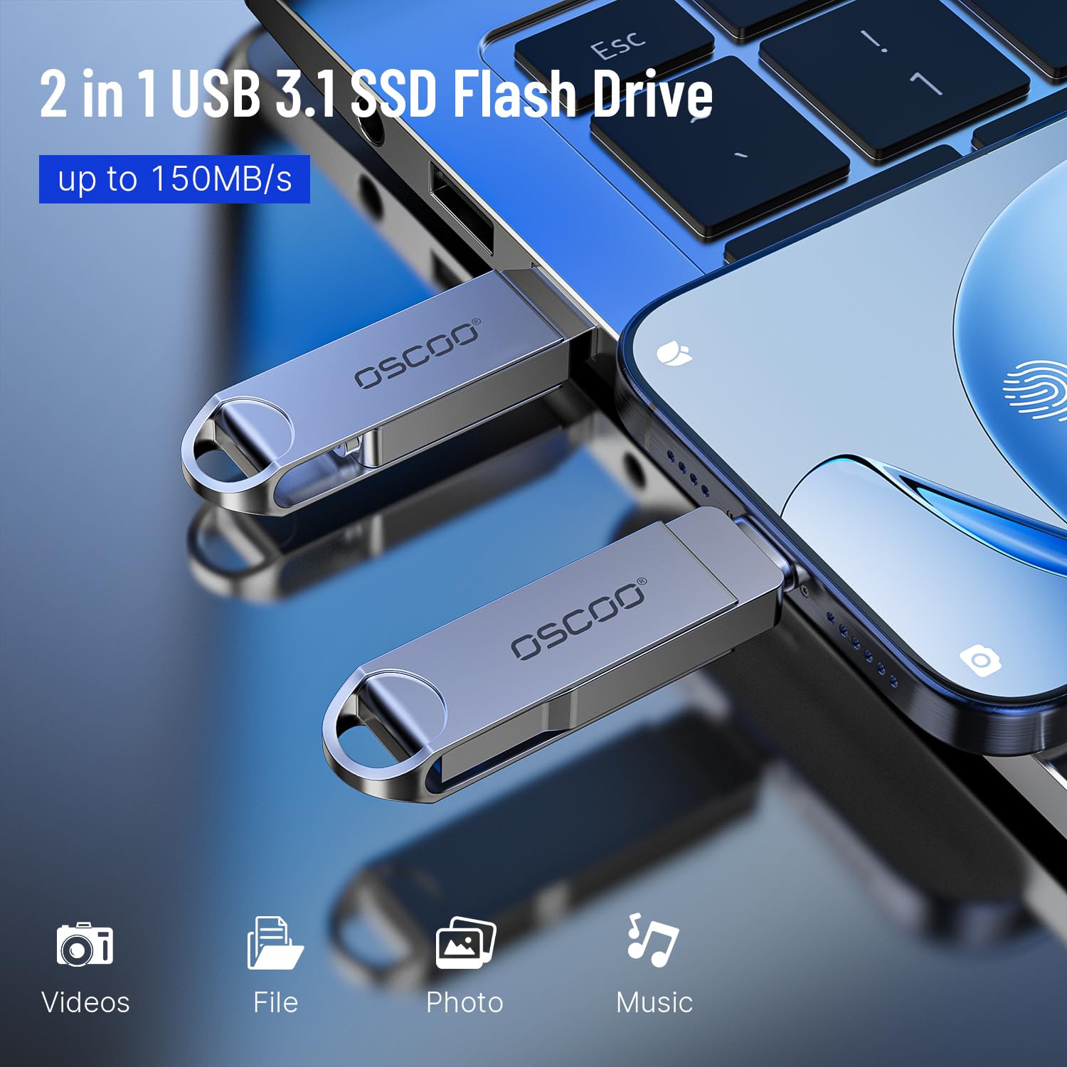 OSCOO 32GB Dual USB Flash Drive with USB 3.2 Gen1 interface and compact design for quick data transfer.