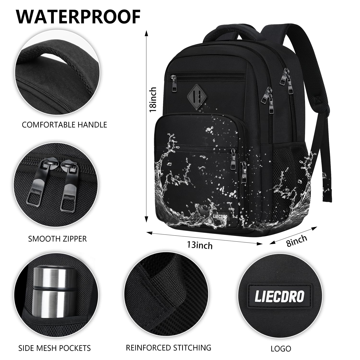 LIECDRO black backpack for men with 15.6-inch laptop compartment, reinforced straps, ideal for school, college, and travel.