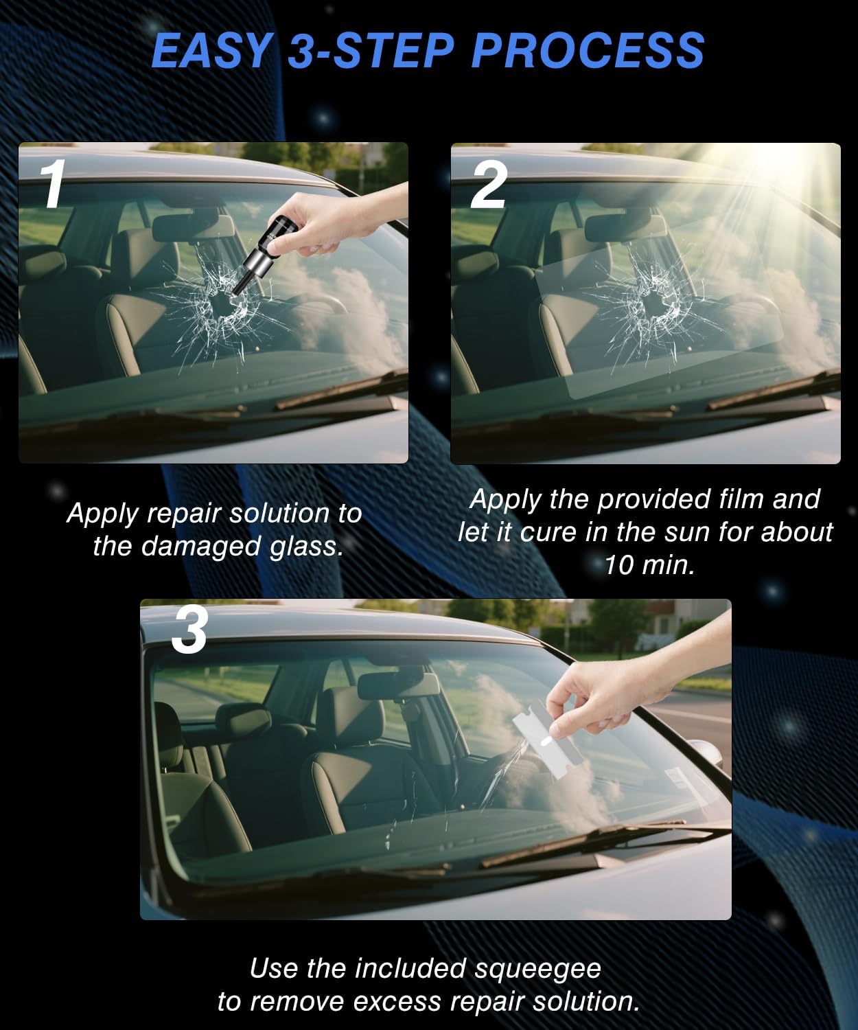 JPOBFT windshield crack repair kit for chips and cracks, includes tools and resin for quick windshield damage fixing.