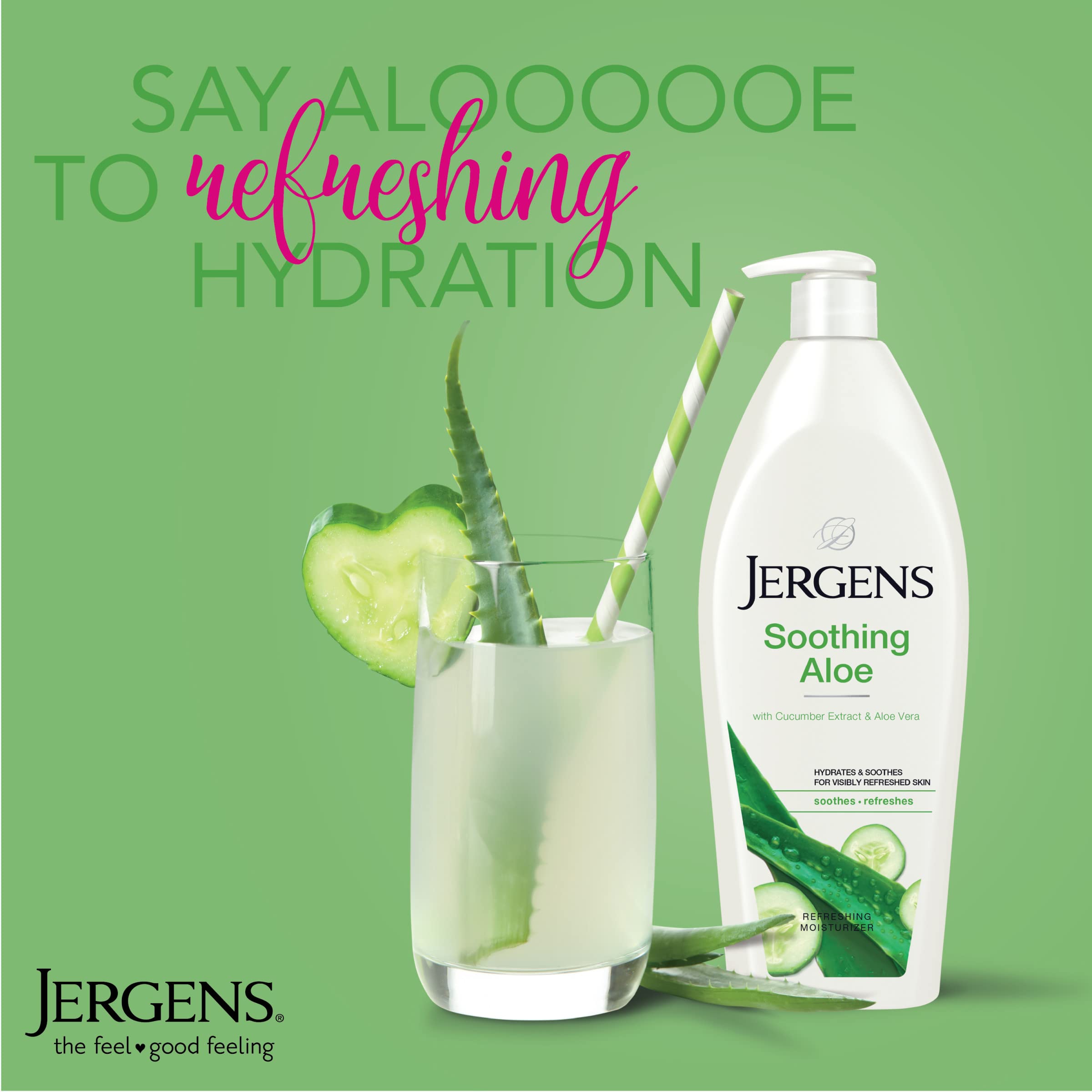 Jergens Soothing Aloe Body Lotion for dry skin, 21 fl oz, showing the moisturizing lotion bottle with aloe vera imagery
