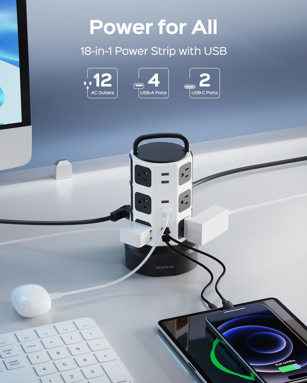 JACKYLED Power Strip Tower Surge Protector 12 AC 6 USB 1050J - JACKYLED Official Imagery - 3