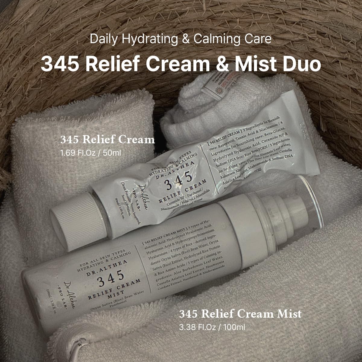 Dr.Althea 345 Relief Cream and Mist Duo for Korean skincare, featuring soothing cream and refreshing facial mist.