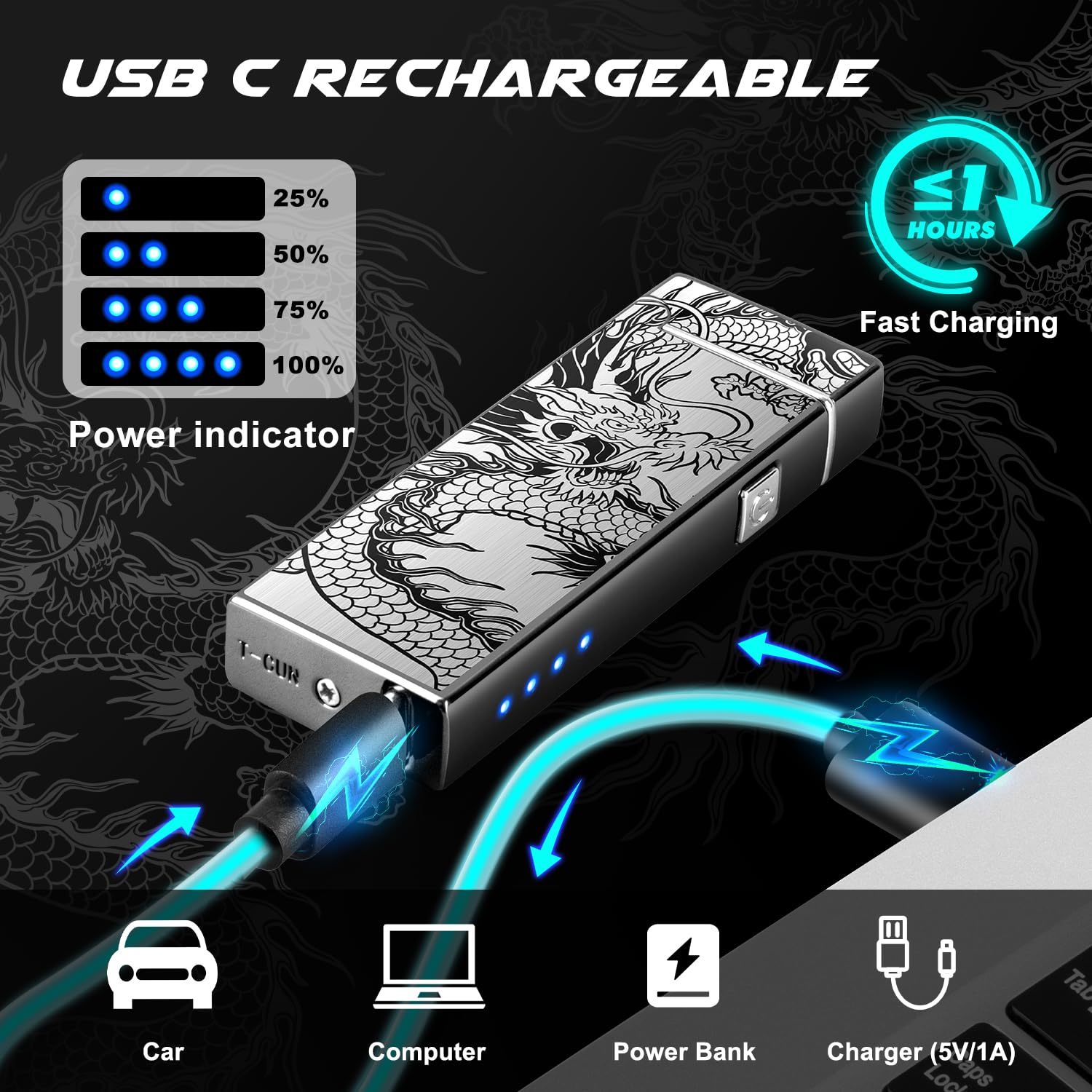 LcFun Electric Lighter Rechargeable Plasma Lighter Men Cool Drago by LcFun - Angle View 3