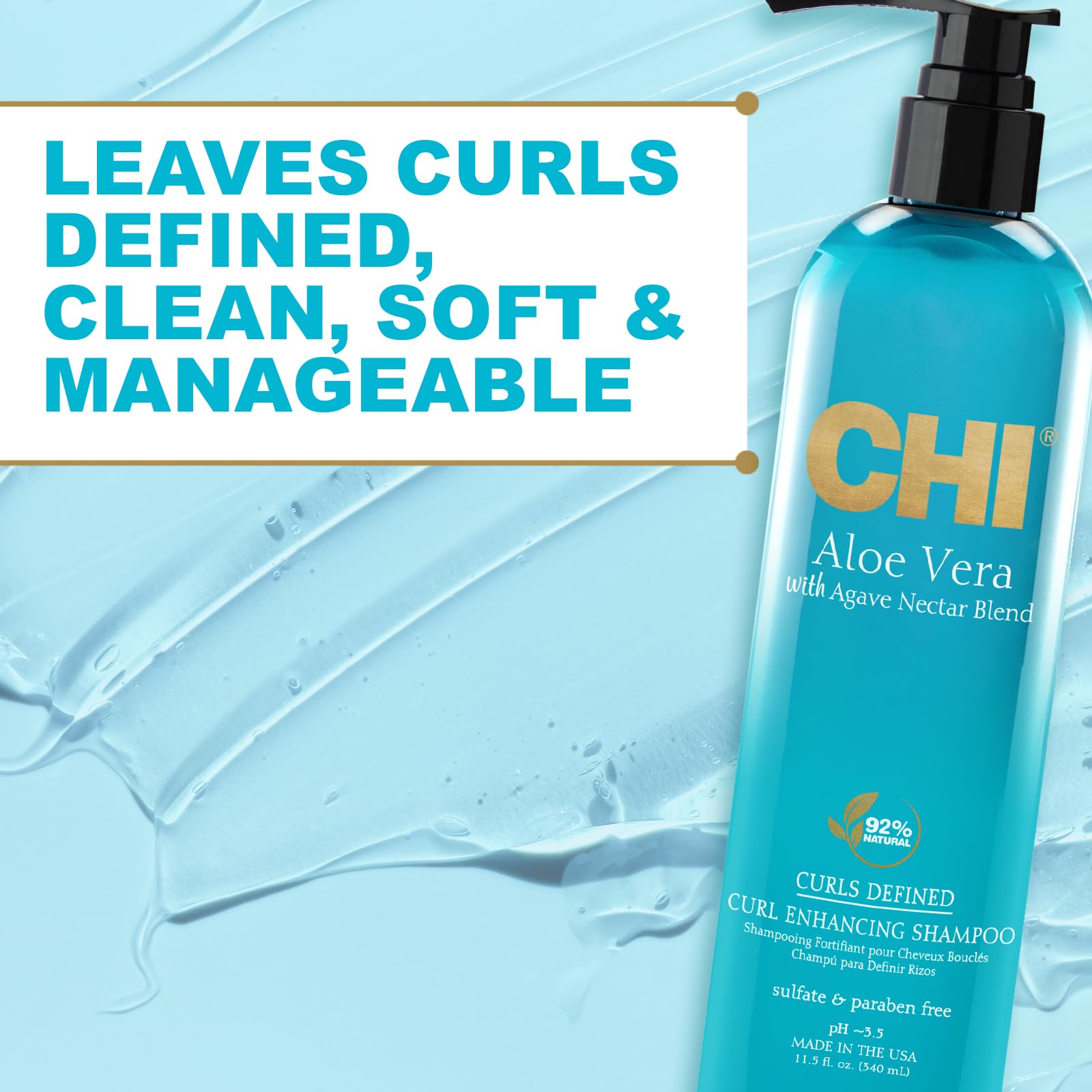 CHI Aloe Vera Curl Enhancing Shampoo, Gently Cleanses & Increases Moisture For Curly Hair, Sulfate, Paraben, & Cruelty-Free, 11.5 Oz