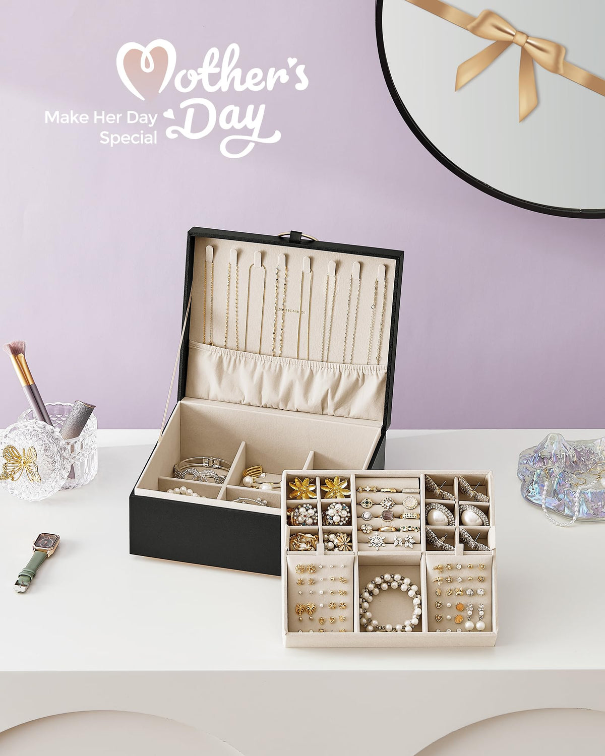 SONGMICS 2 Layer Jewelry Box with Handle Removable Tray - SONGMICS Official Imagery - 5