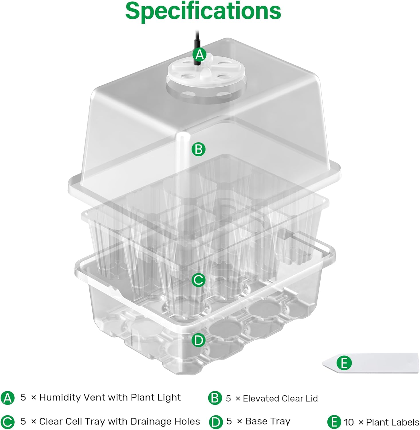 Bonviee 5-pack seed starter trays with built-in grow lights, elevated seedling starter kit for indoor gardening and plant germination.