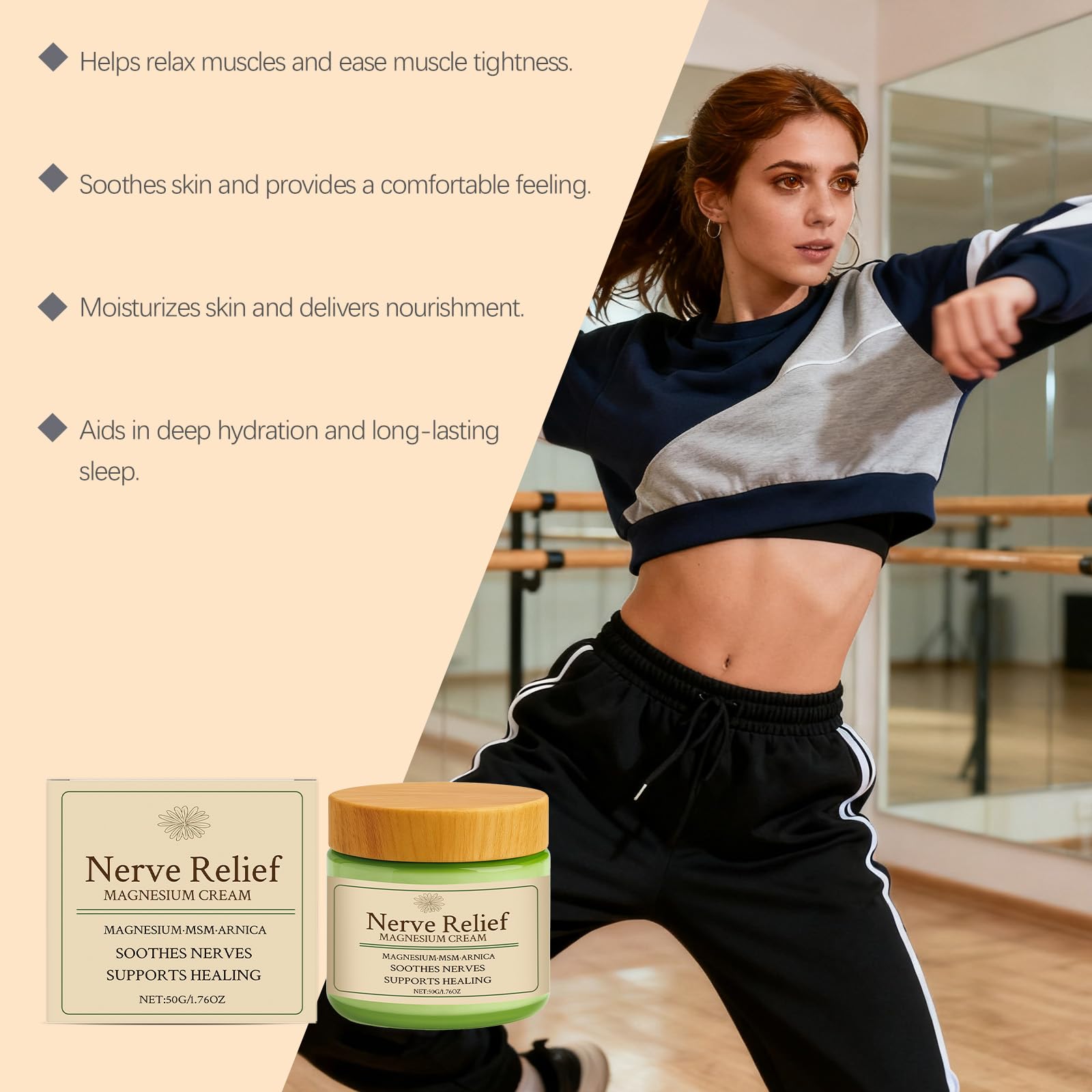 KunMan Magnesium Cream with MSM and arnica in a 50g jar, skin moisturizer for soothing and hydrating skin.