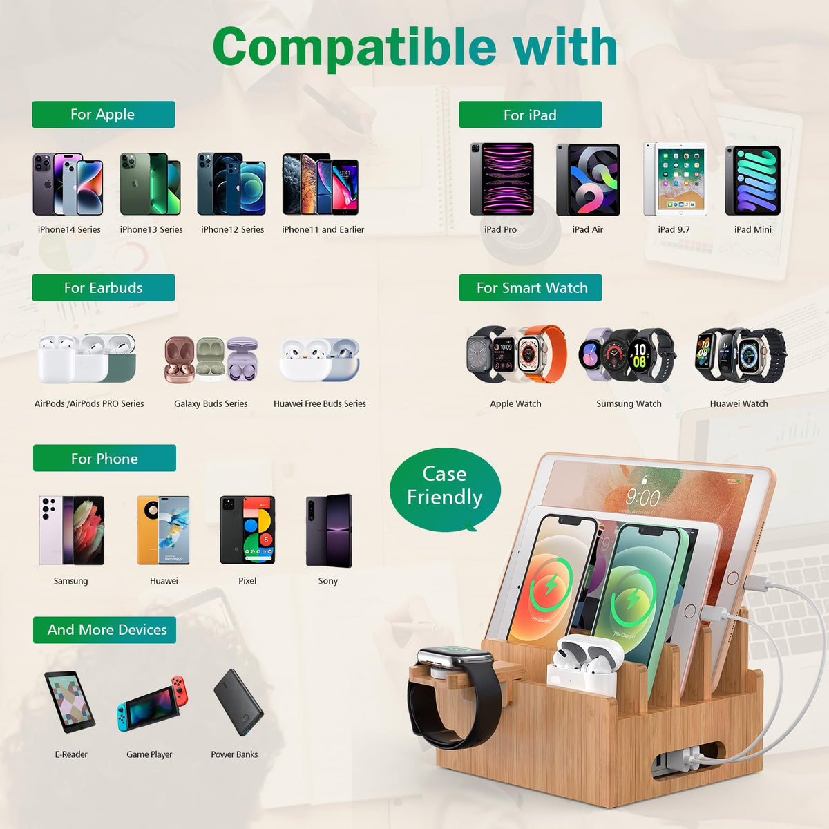 Bamboo Charging Station with USB Charger 5Cables Natural - Pezin & Hulin Official Imagery - 3