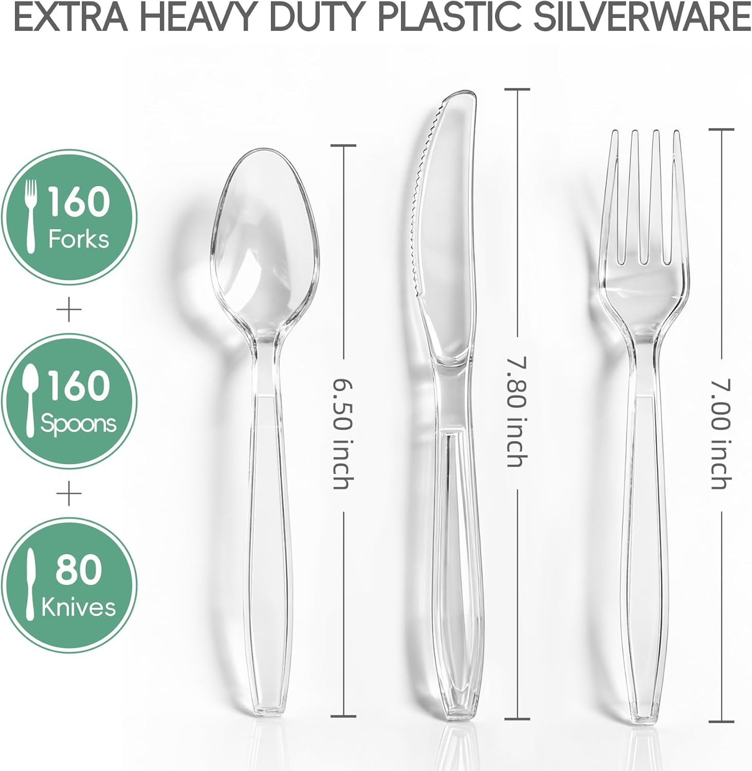 400-count clear plastic silverware set with extra heavy-duty utensils from QualQuot, featuring forks, knives, and spoons.