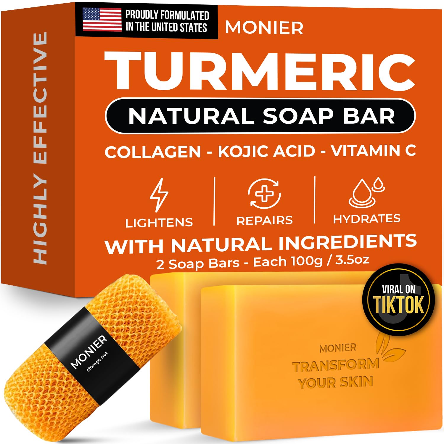 MONIER Turmeric Soap Bar for Dark Spots - With Kojic Acid & - Product Imagery