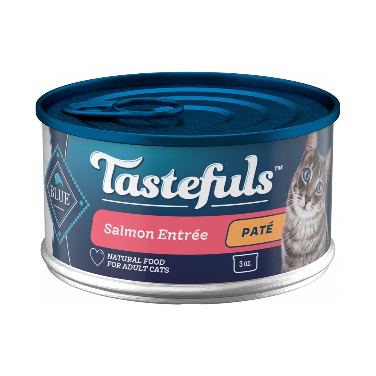 Blue Buffalo Tastefuls wet cat food pate with salmon, 3-oz cans, natural ingredients, 24-pack, shown in a row of open cans.