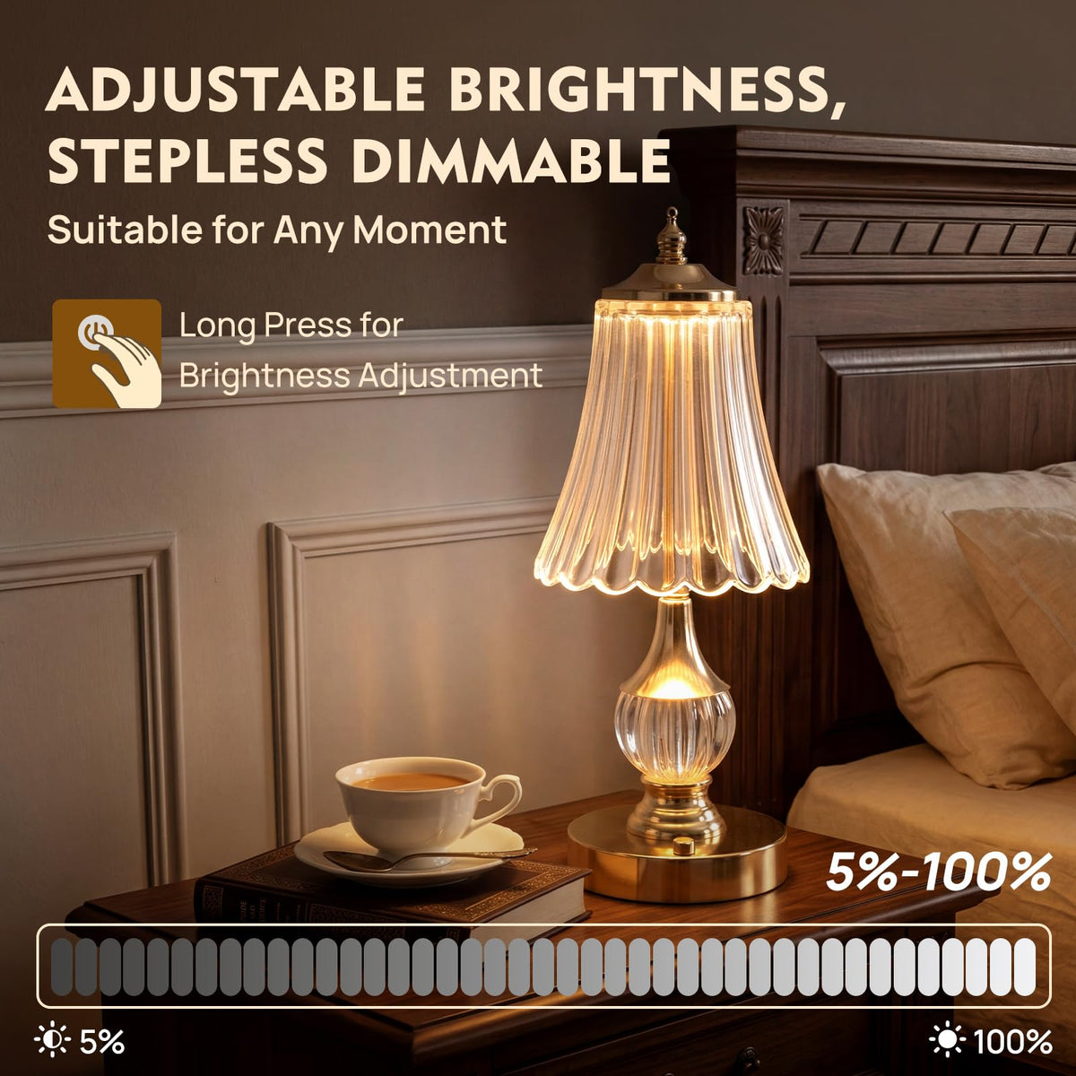 Gold Crystal Battery Operated Rechargeable Lamp Cordless - SisiHokai Official Imagery - 7