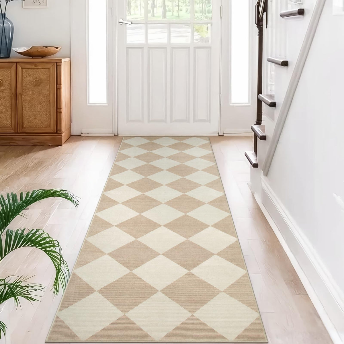 Checkered Print Carpet Runners for Hallway 6ft Beige Ultra - Beeiva Official Imagery - 1