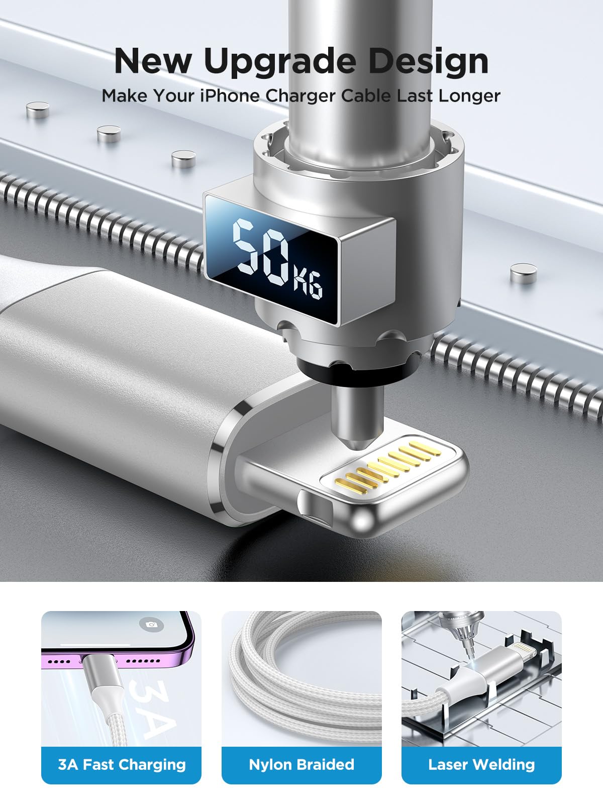 Aioneus Apple MFi certified 6ft braided iPhone charger cable with USB to Lightning connector, compatible with iPhone 14 and iPad.