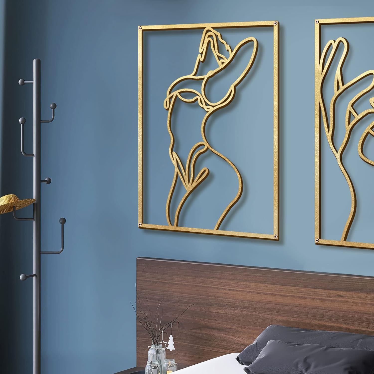 Gold wall art decor by Glamativity, a 4-pack of minimalist single-line metal wall art for modern home interior design.