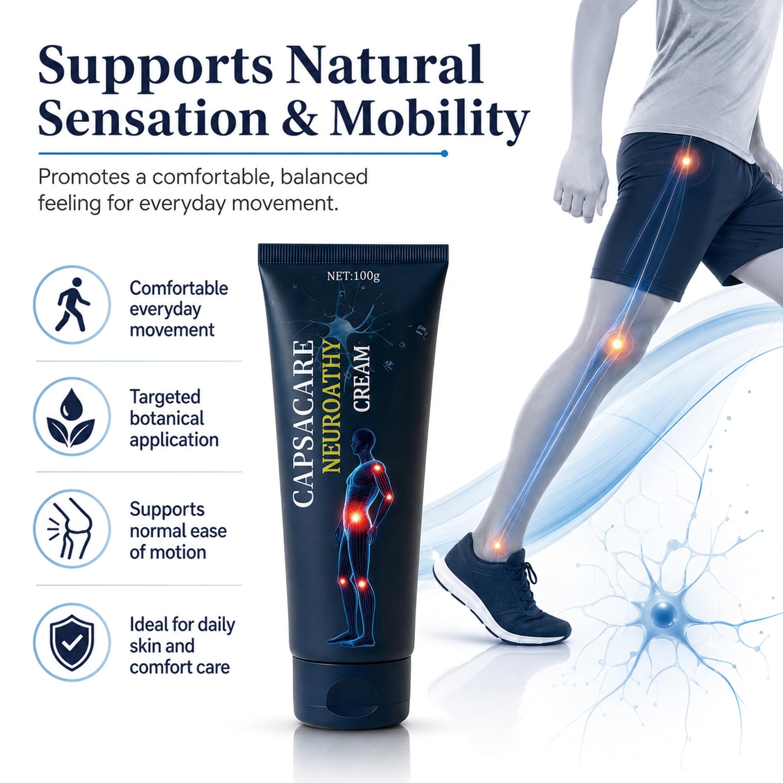 Capsacare Neuropathy Relief Cream with capsaicin and arnica in a 100g tube, designed for pain relief and soothing nerve discomfort.